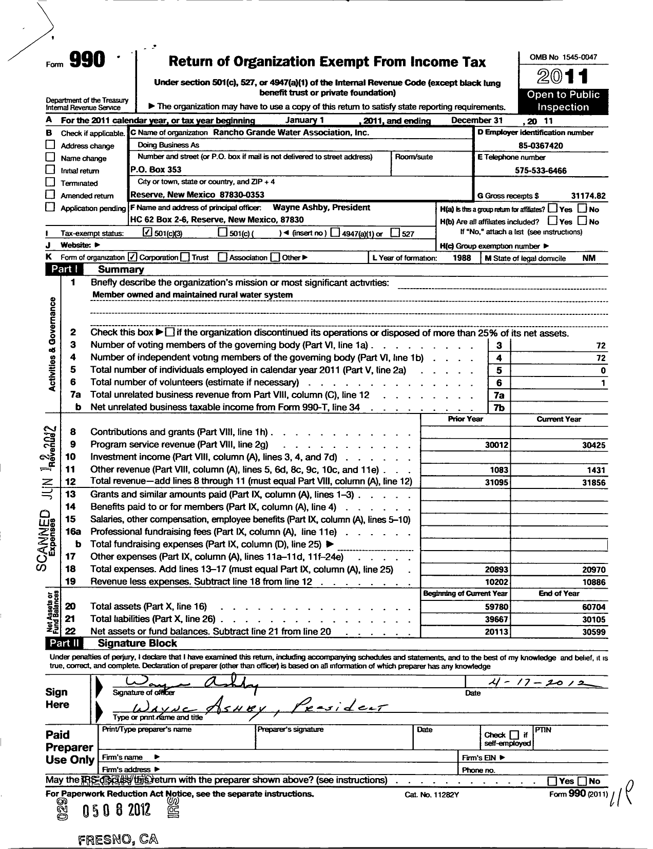 Image of first page of 2011 Form 990 for Rancho Grande Water Association