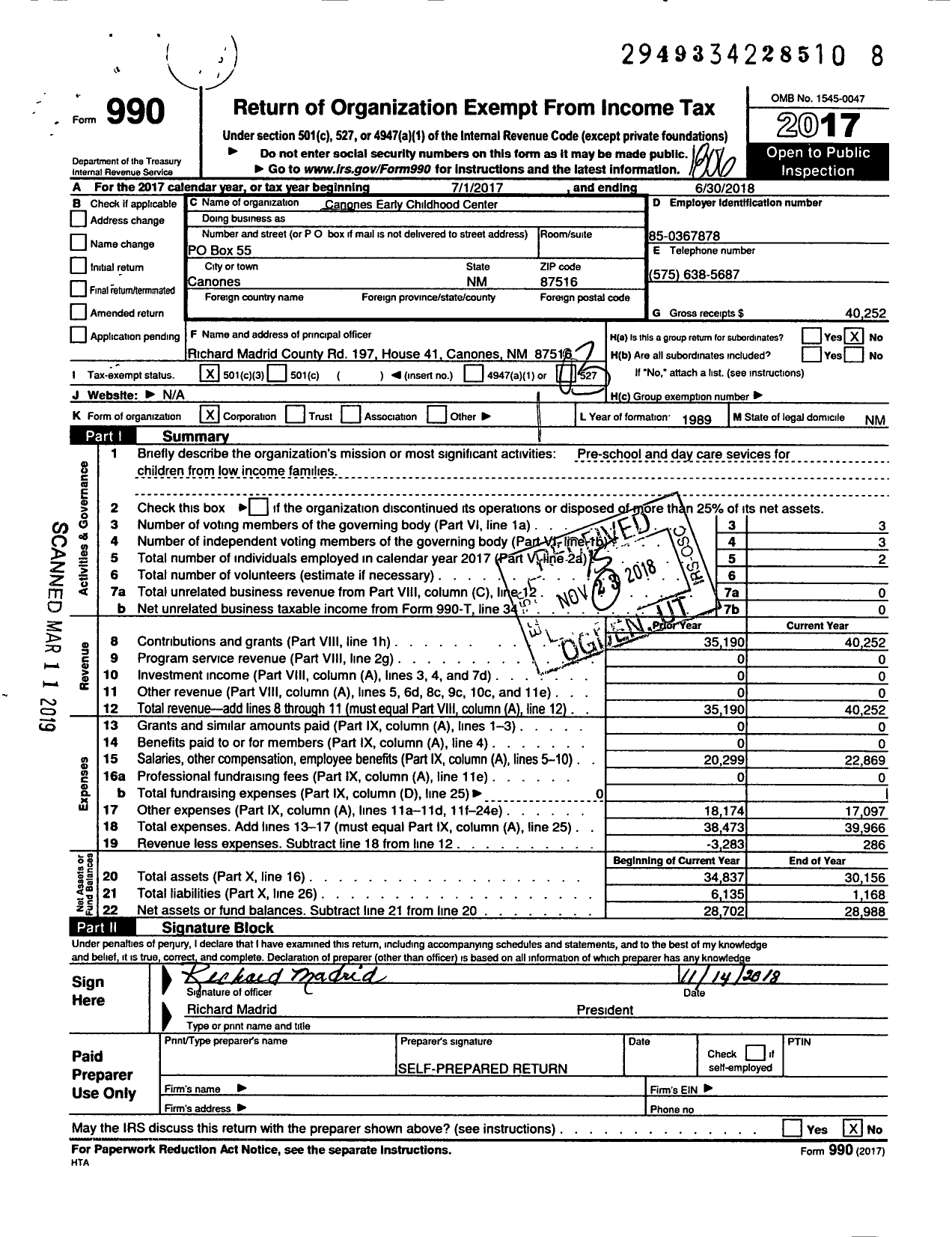 Image of first page of 2017 Form 990 for Canones Early Childhood Center