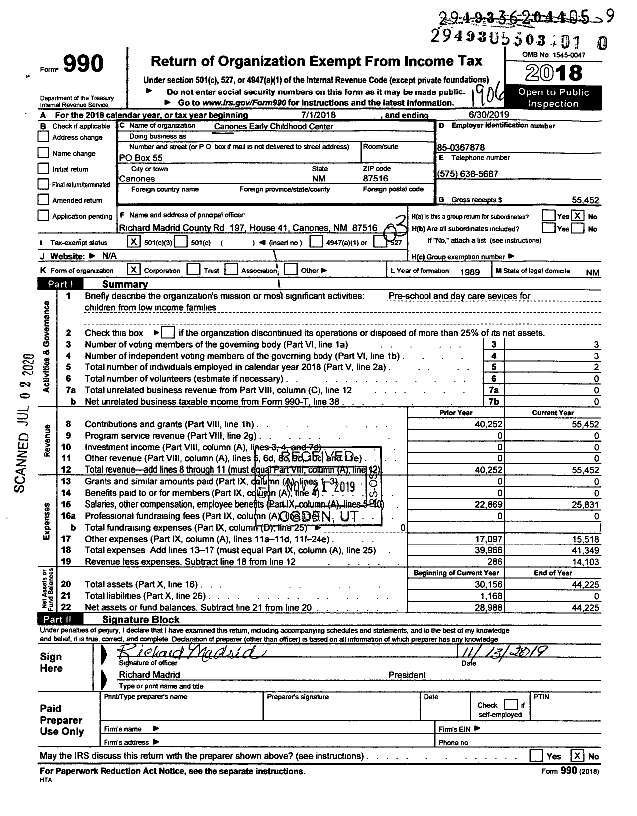 Image of first page of 2018 Form 990 for Canones Early Childhood Center