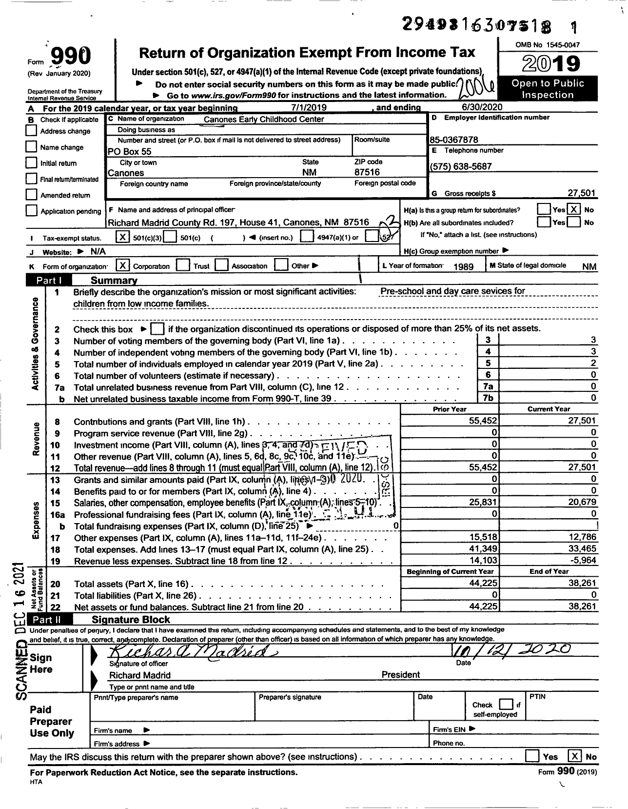 Image of first page of 2019 Form 990 for Canones Early Childhood Center