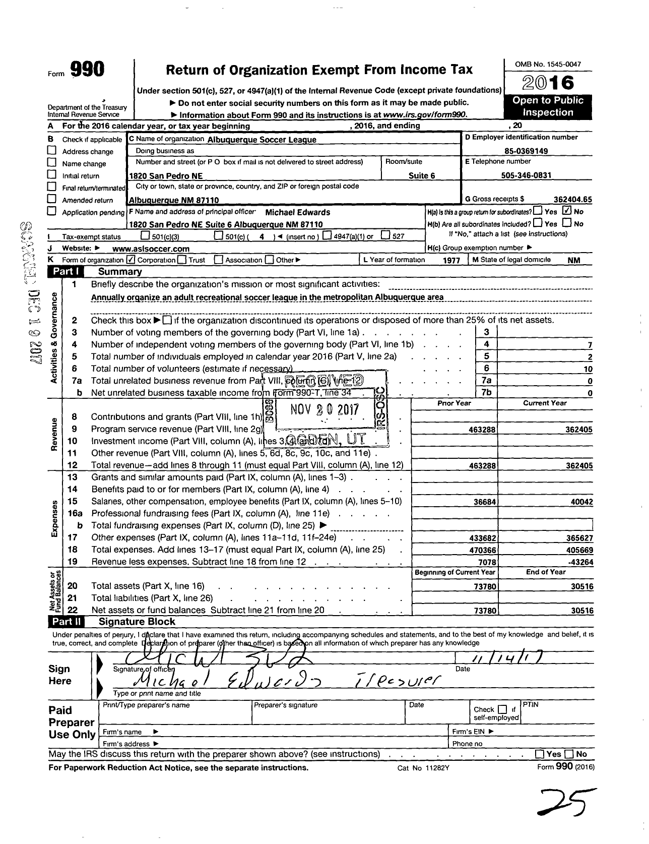 Image of first page of 2016 Form 990 for Albuquerque Soccer League
