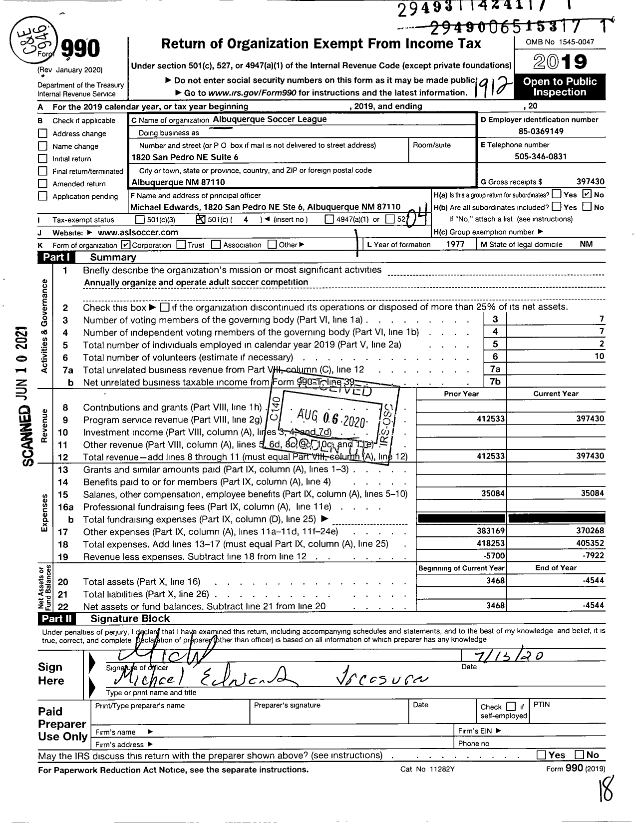 Image of first page of 2019 Form 990O for Albuquerque Soccer League