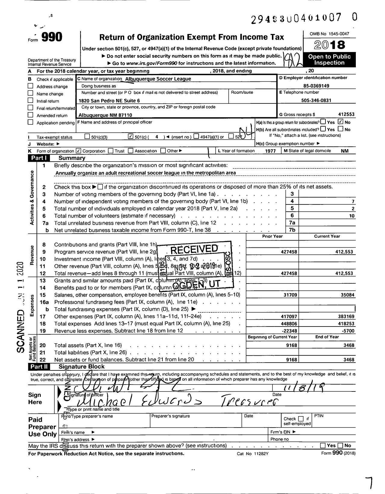 Image of first page of 2018 Form 990O for Albuquerque Soccer League