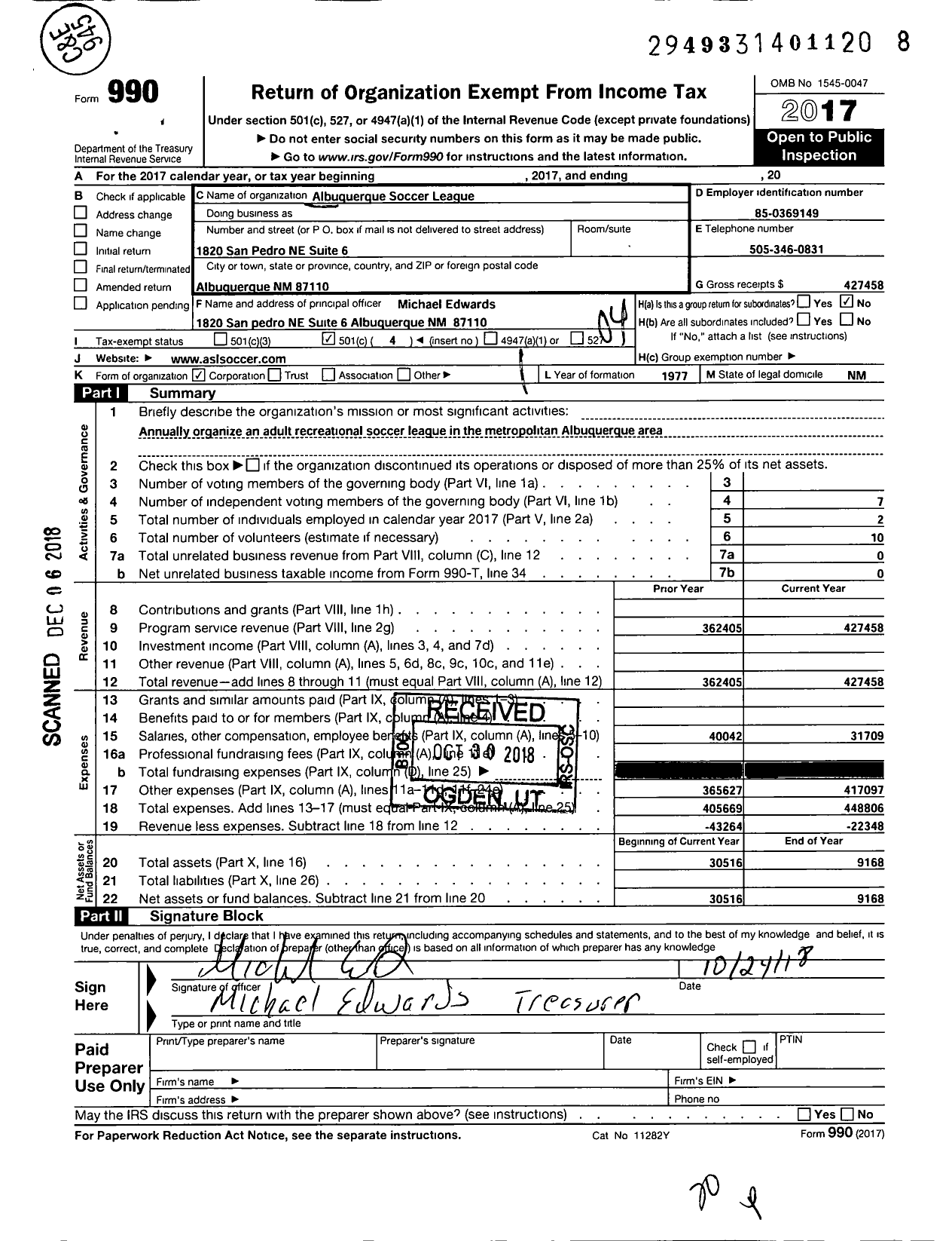 Image of first page of 2017 Form 990O for Albuquerque Soccer League