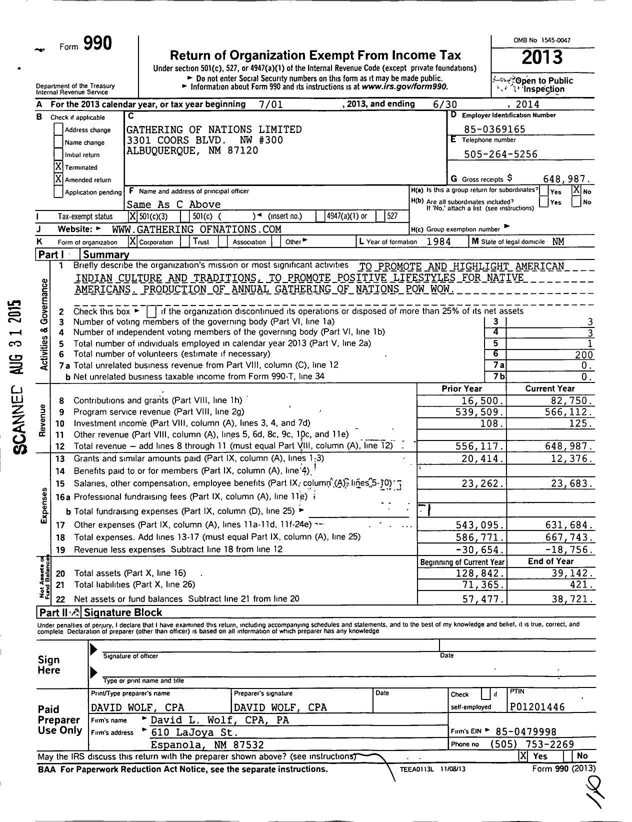Image of first page of 2013 Form 990 for Gathering of Nations Limited