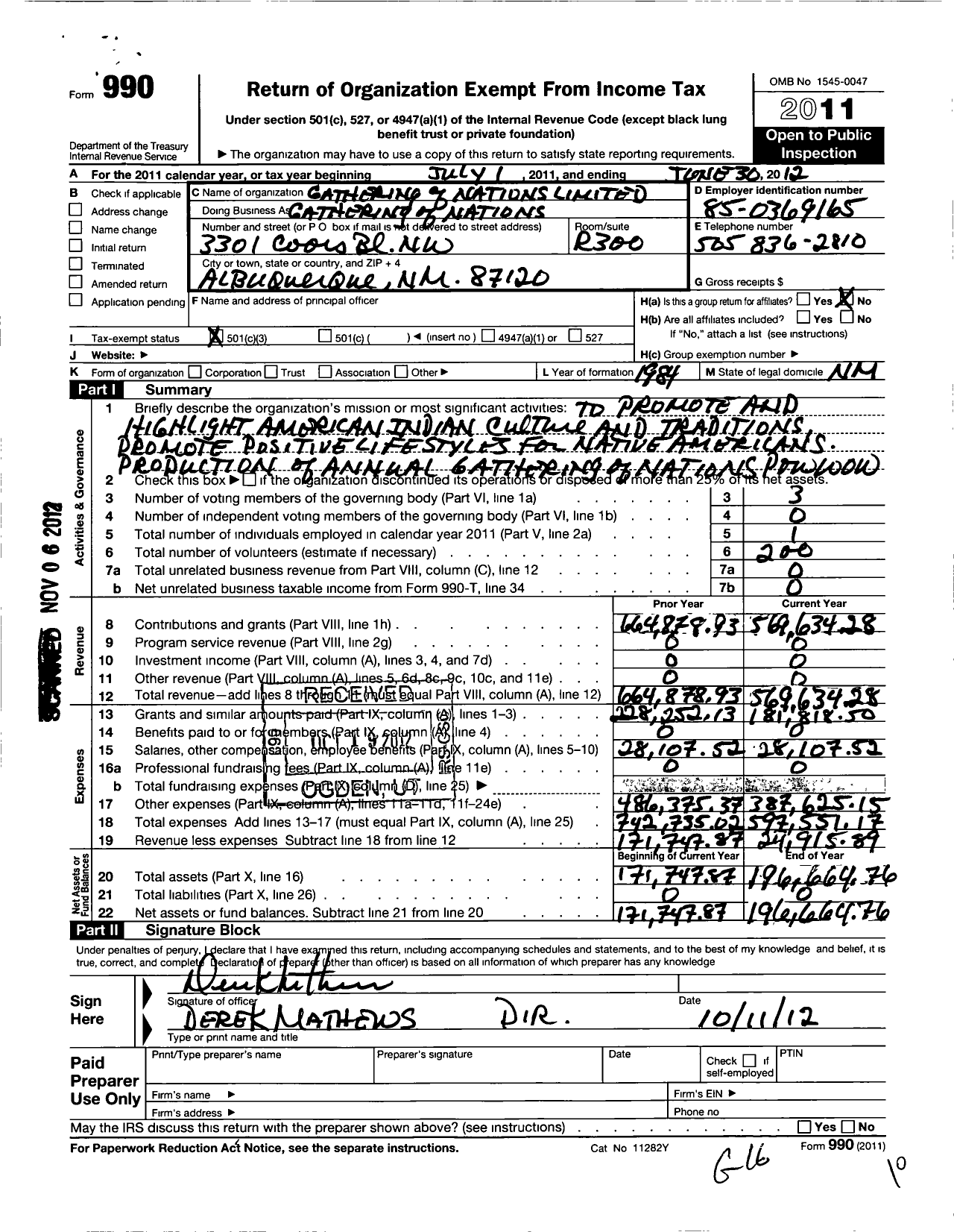 Image of first page of 2011 Form 990 for Gathering of Nations Limited