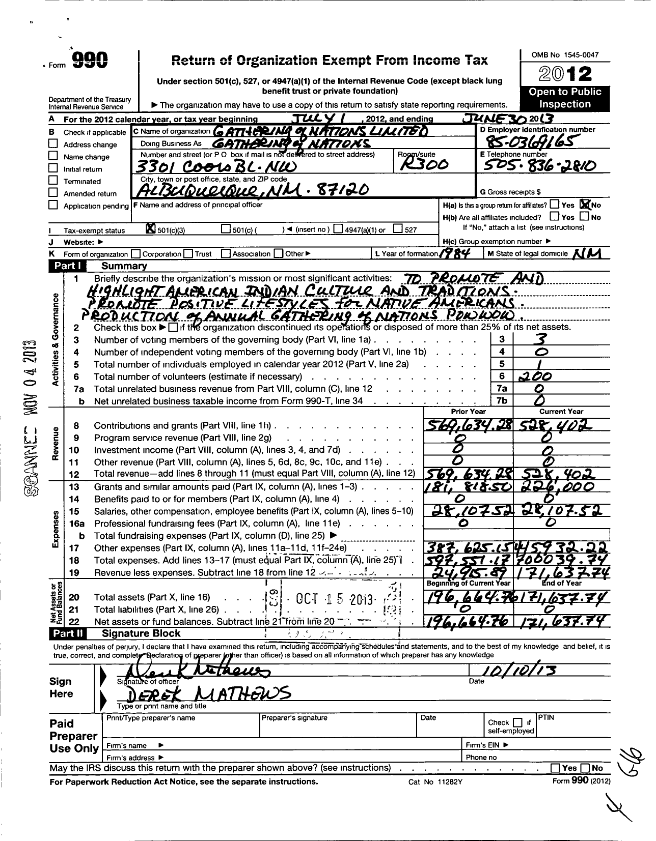 Image of first page of 2012 Form 990 for Gathering of Nations Limited