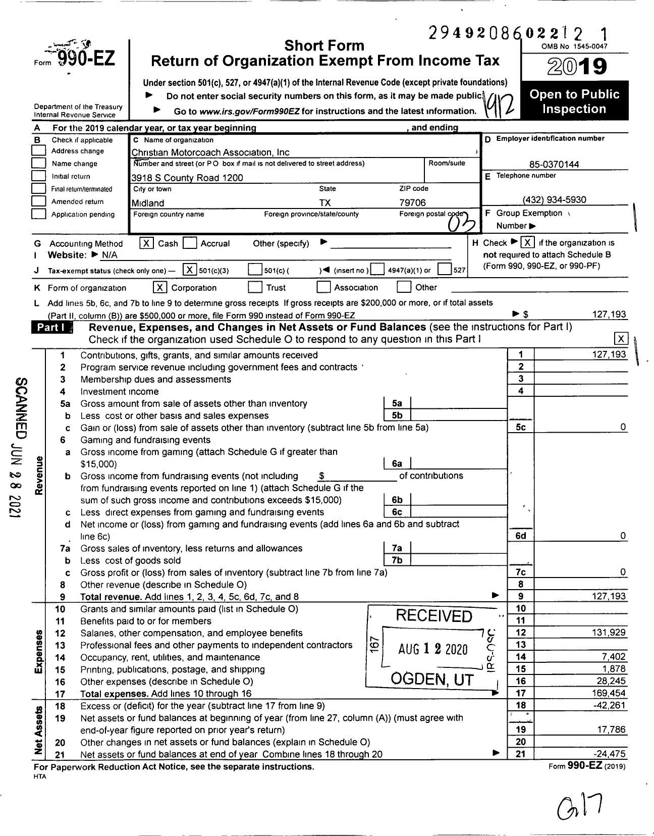 Image of first page of 2019 Form 990EZ for Christian Motorcoach Association