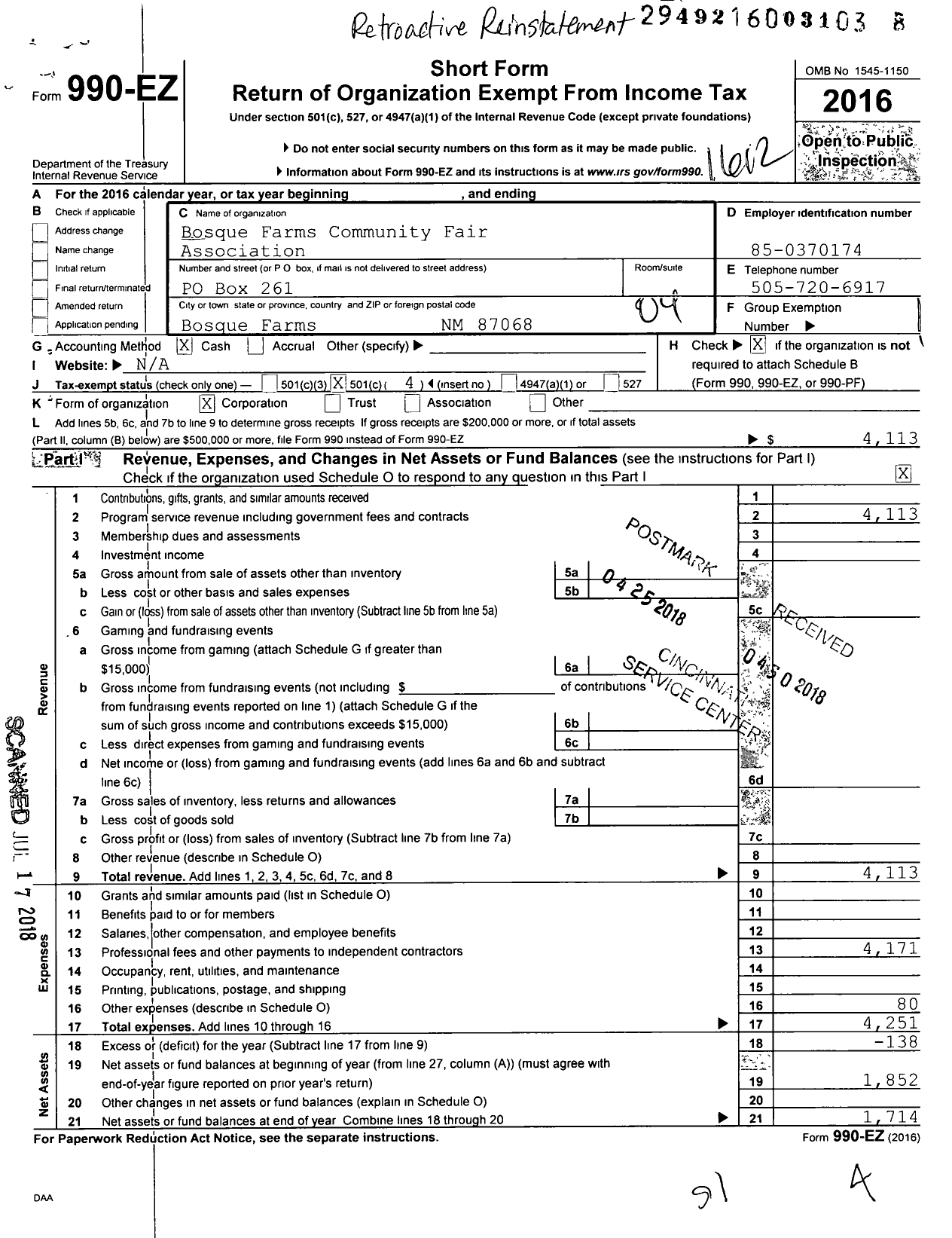 Image of first page of 2016 Form 990EO for Bosque Farms Community Fair Association