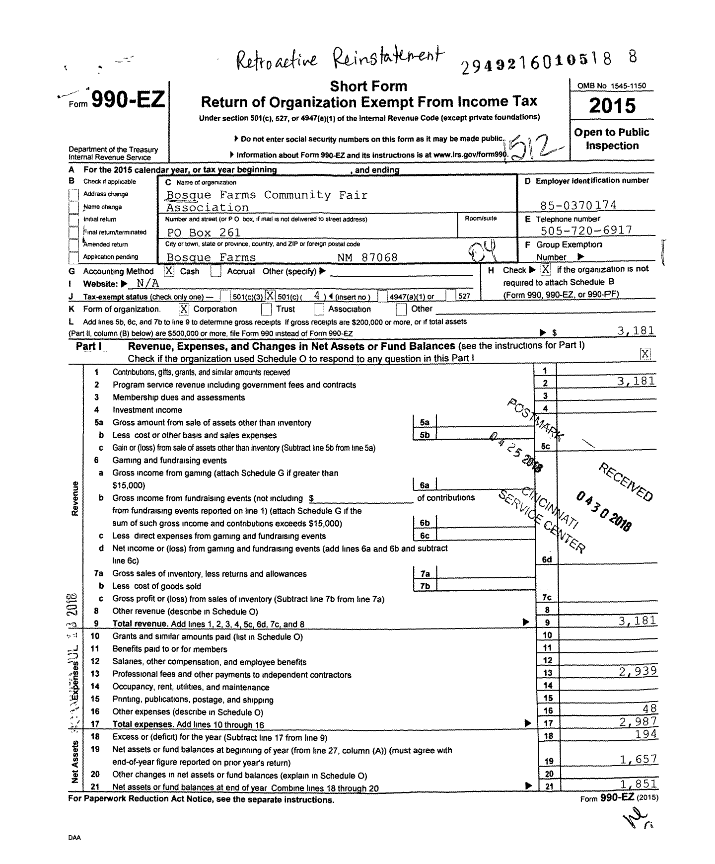 Image of first page of 2015 Form 990EO for Bosque Farms Community Fair Association