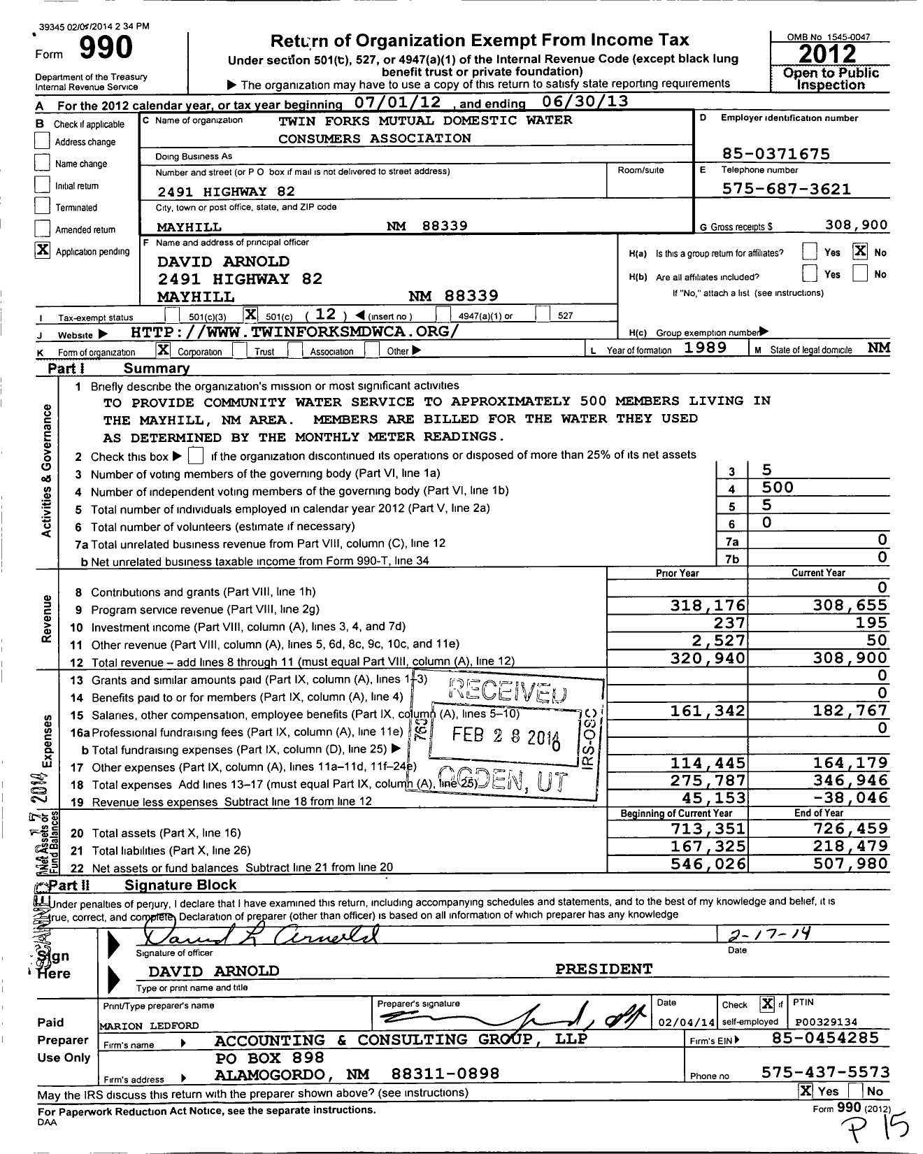Image of first page of 2012 Form 990O for Twin Forks Mutual Domestic Water Consumers Association