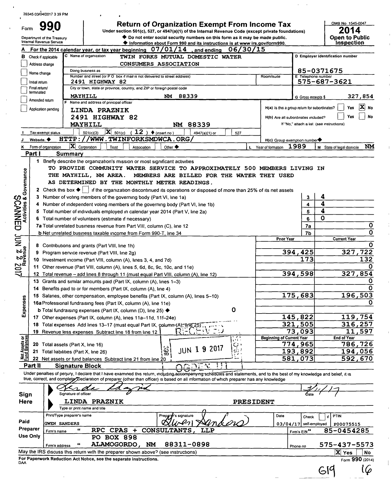 Image of first page of 2014 Form 990O for Twin Forks Mutual Domestic Water Consumers Association