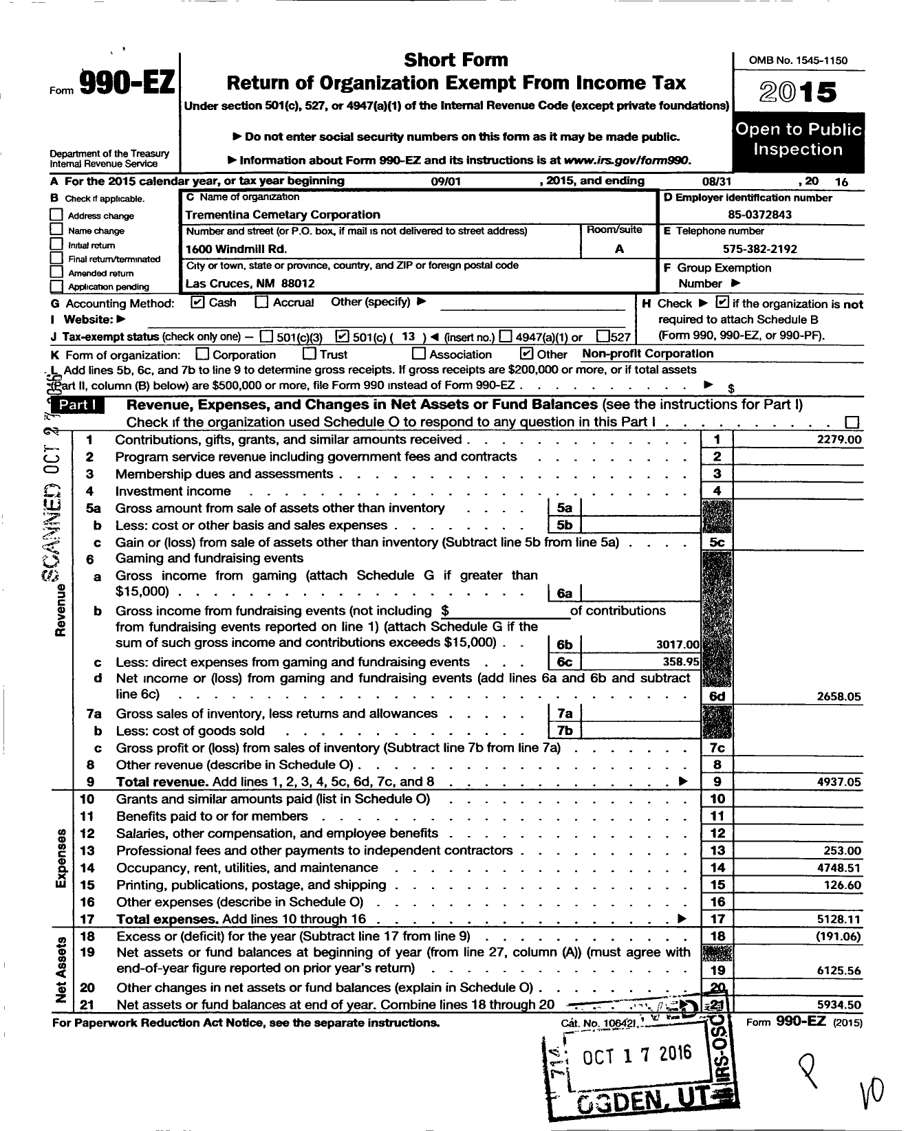 Image of first page of 2015 Form 990EO for Tremetina Cemetery Corporation