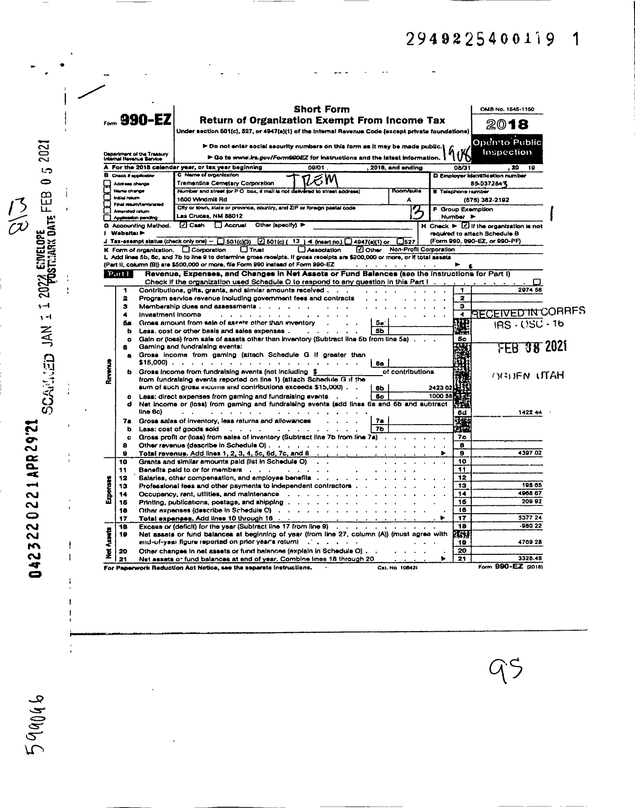 Image of first page of 2018 Form 990EO for Tremetina Cemetery Corporation