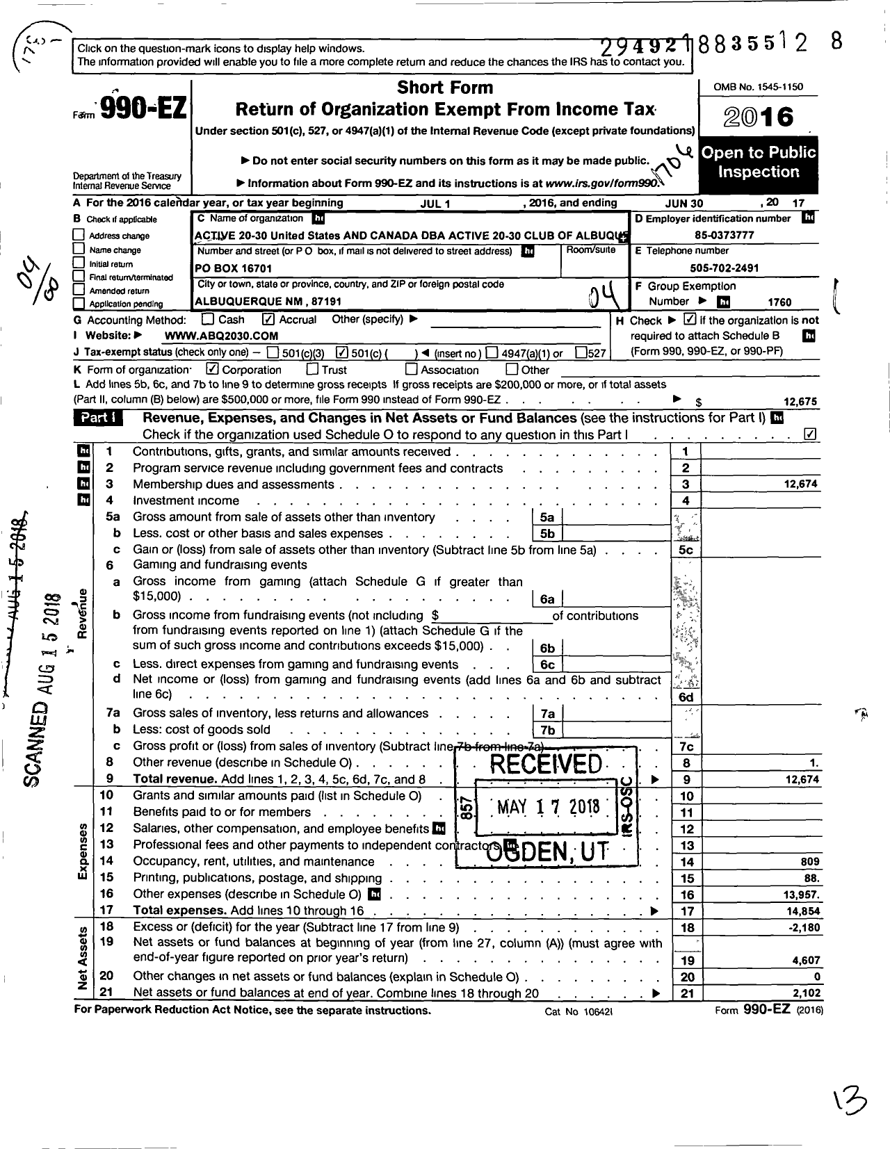 Image of first page of 2016 Form 990EO for Active 20-30 United States and Canada - 103 Albuquerque