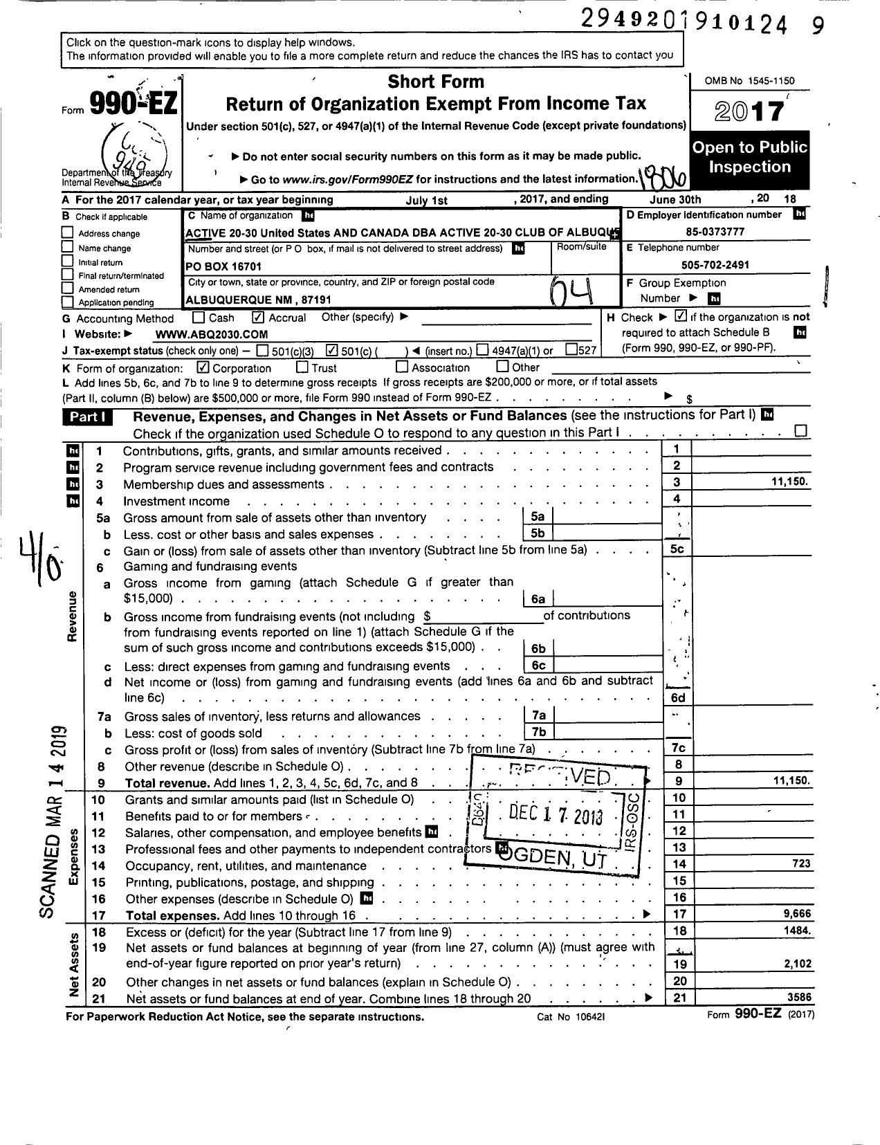 Image of first page of 2017 Form 990EO for Active 20-30 United States and Canada - 103 Albuquerque