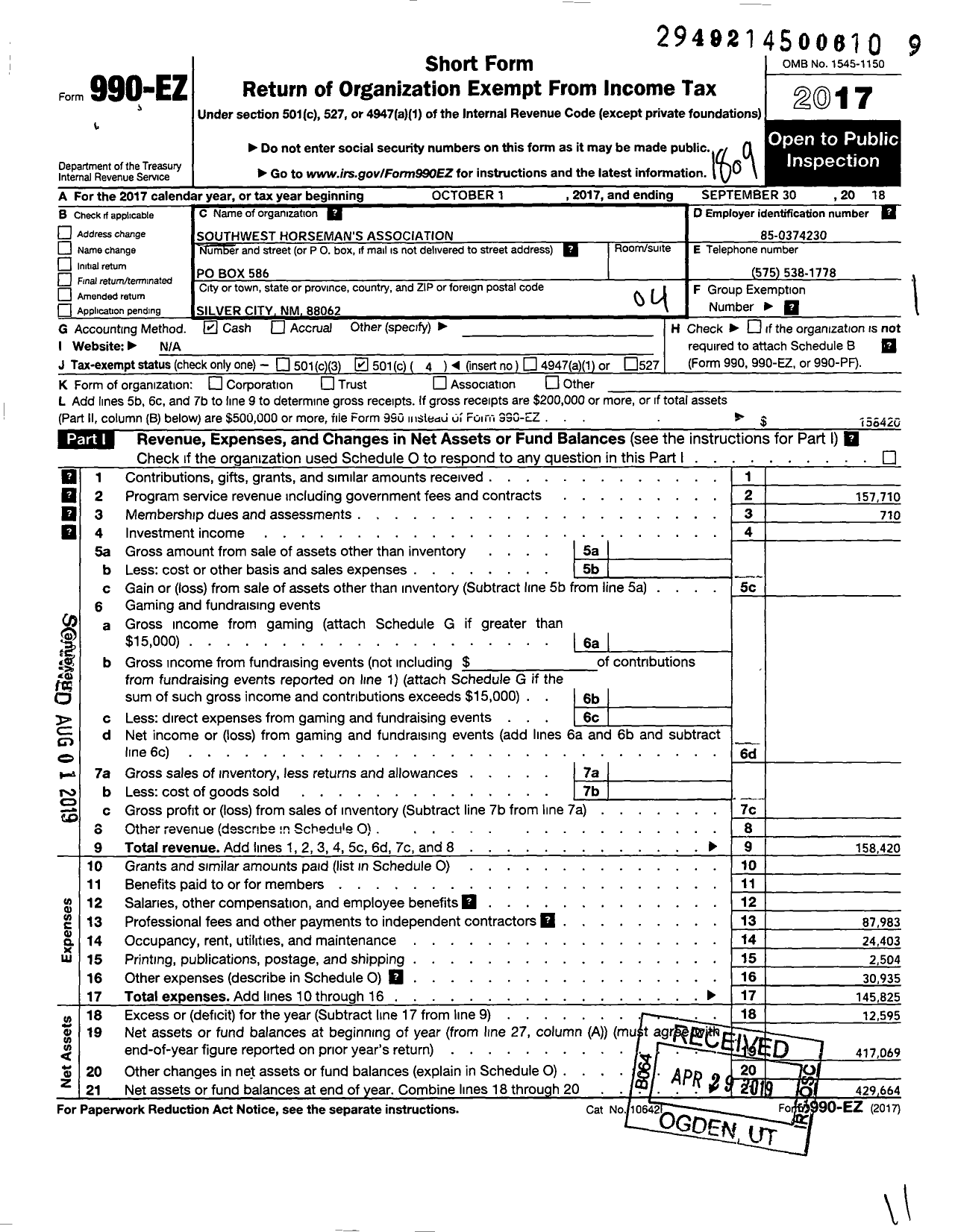 Image of first page of 2017 Form 990EO for Southwest Horsemans Association