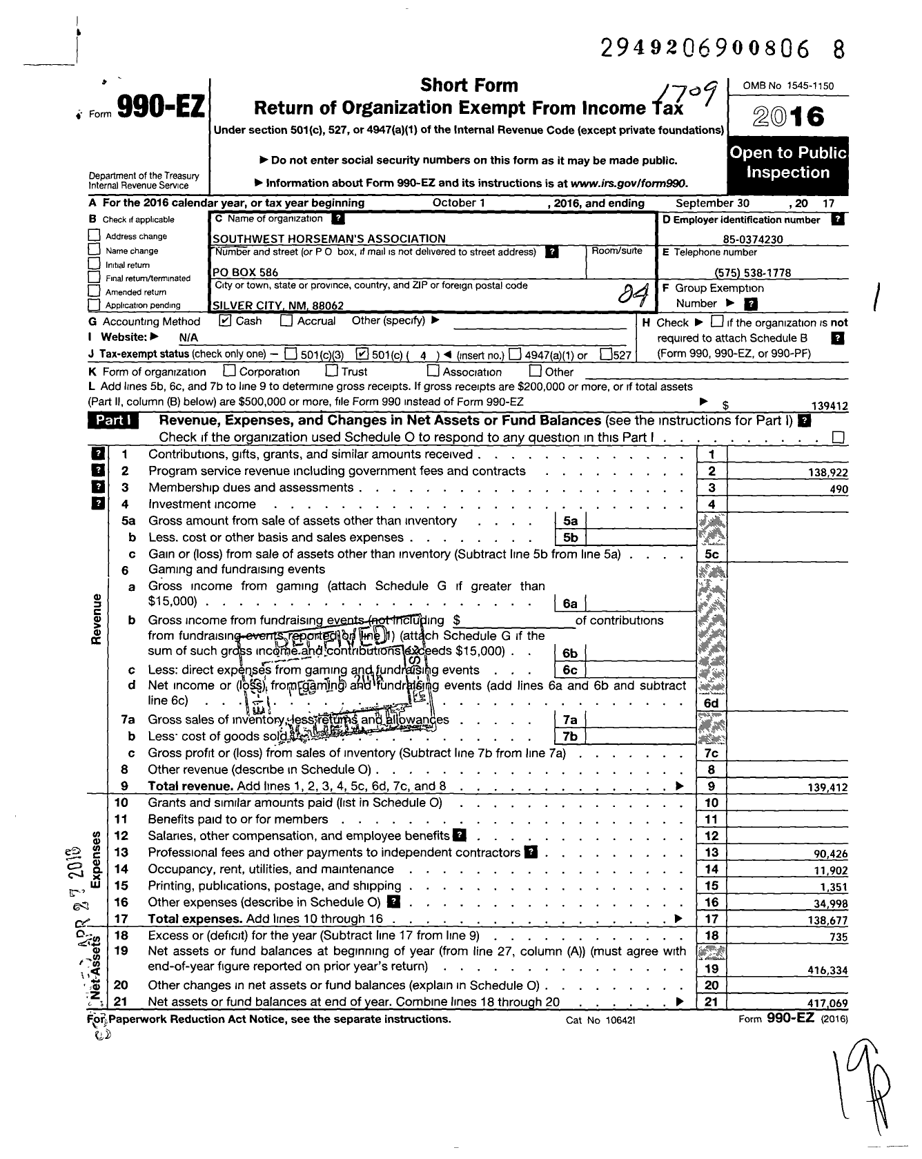 Image of first page of 2016 Form 990EO for Southwest Horsemans Association