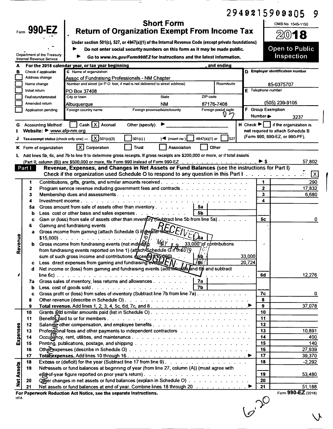 Image of first page of 2018 Form 990EZ for Association of Fundraising Professionals - Nm-New Mexico Chapter