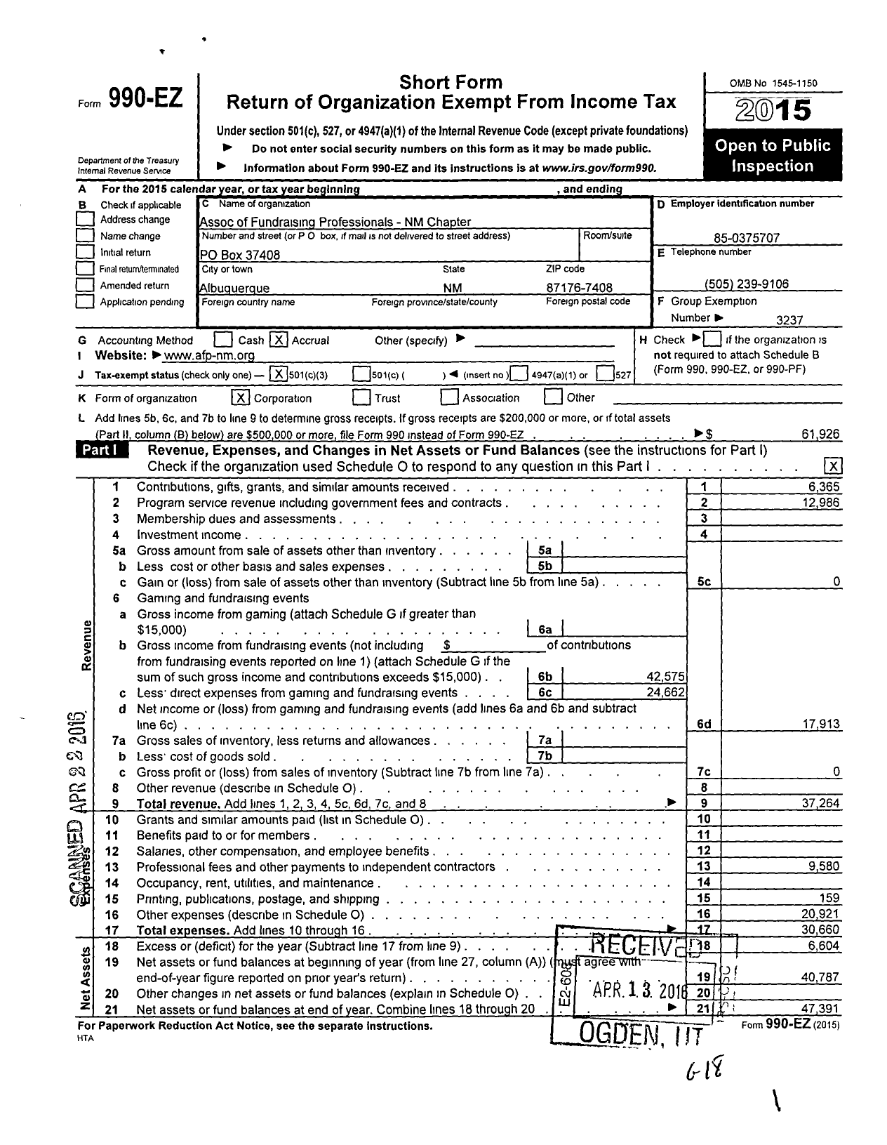 Image of first page of 2015 Form 990EZ for Association of Fundraising Professionals - Nm-New Mexico Chapter