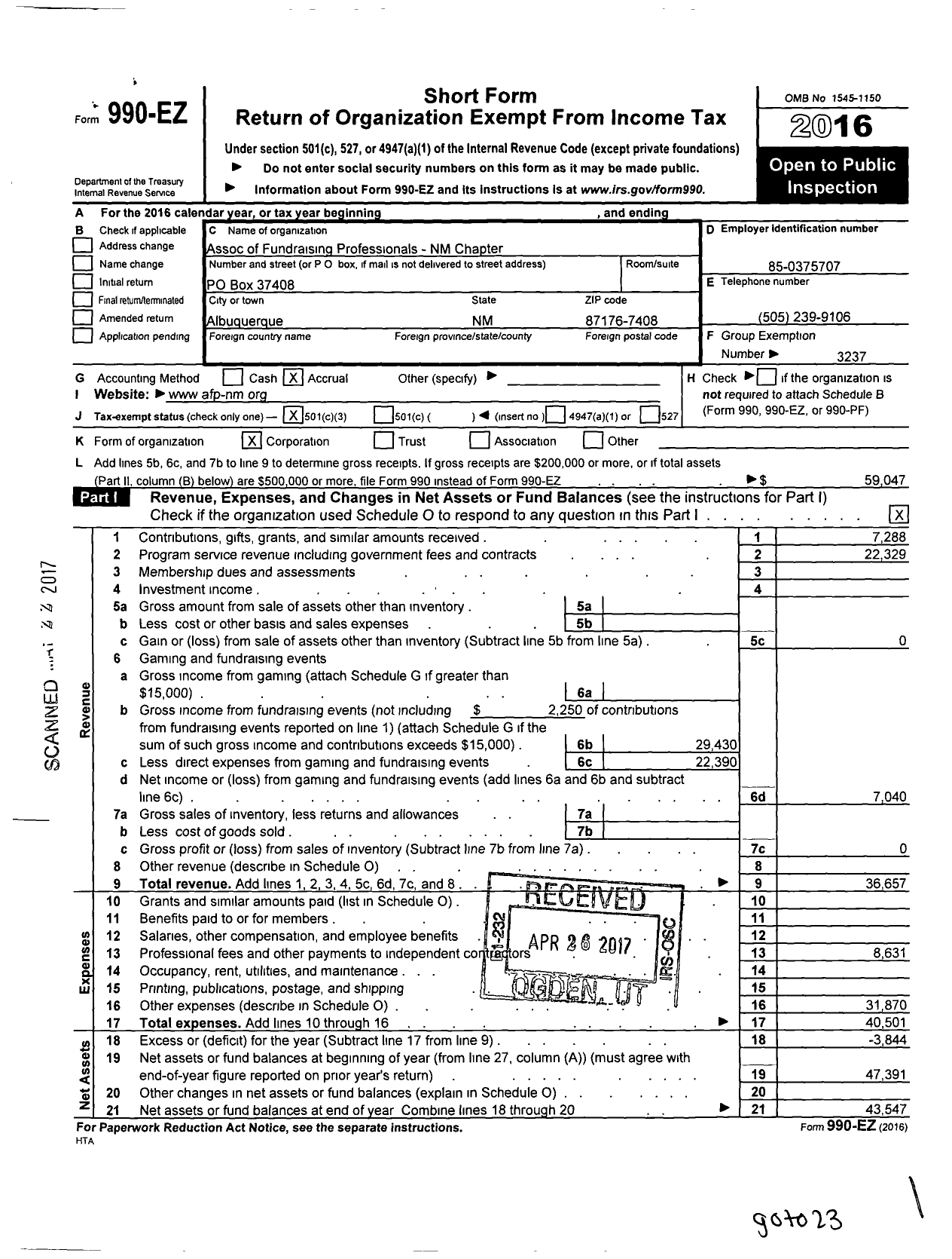 Image of first page of 2016 Form 990EZ for Association of Fundraising Professionals - Nm-New Mexico Chapter