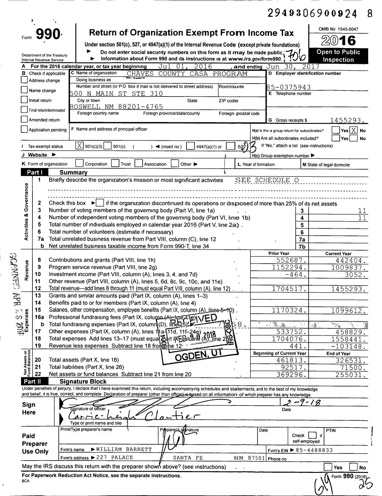 Image of first page of 2016 Form 990 for Chaves County CASA