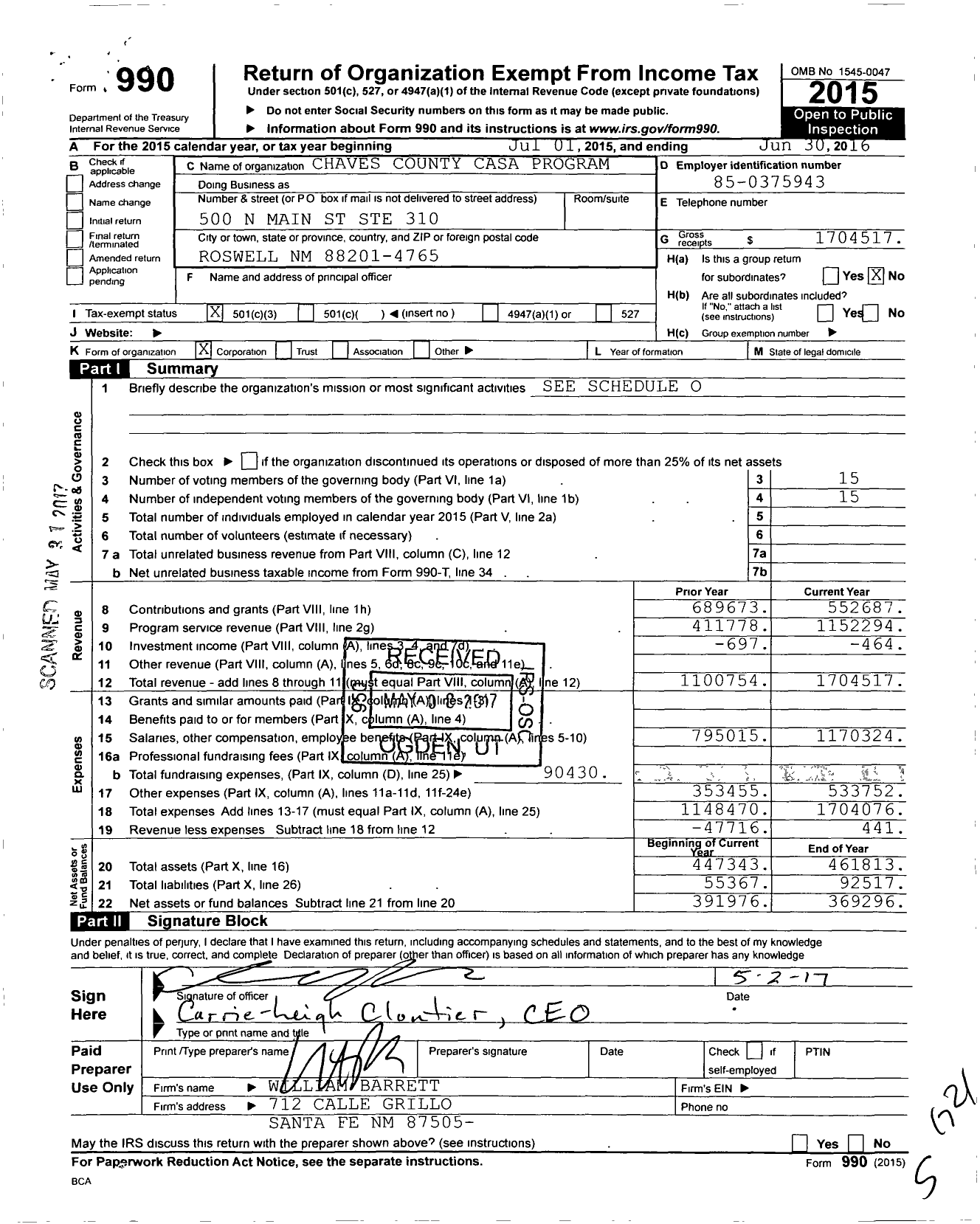 Image of first page of 2015 Form 990 for Chaves County CASA