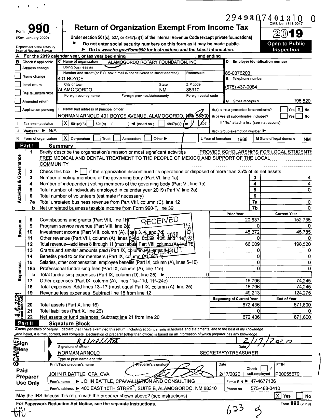 Image of first page of 2019 Form 990 for Alamogordo Rotary Foundation