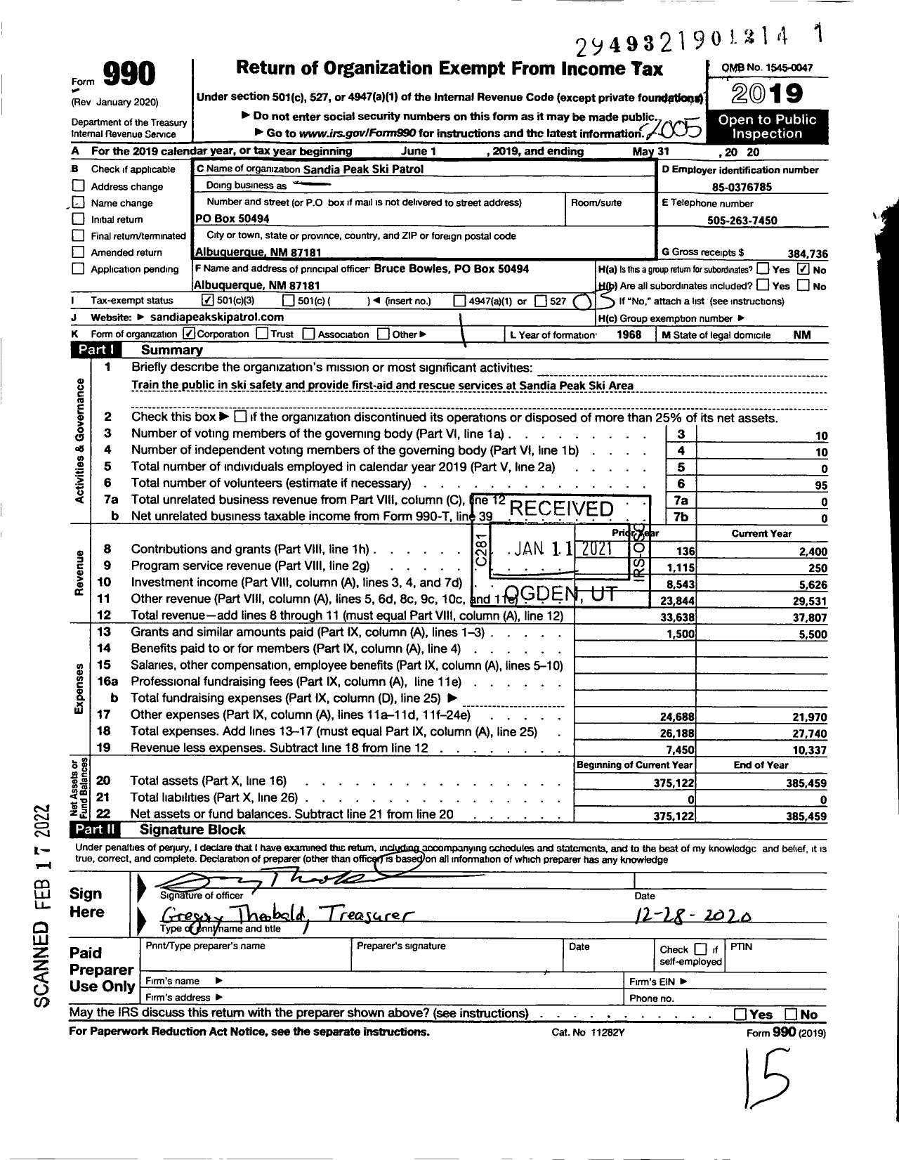 Image of first page of 2019 Form 990 for Sandia Peak Ski Patrol