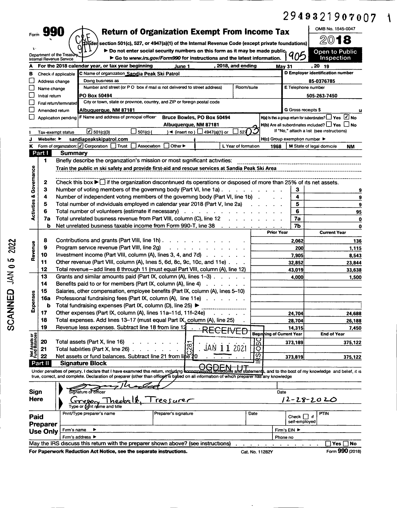 Image of first page of 2018 Form 990 for Sandia Peak Ski Patrol