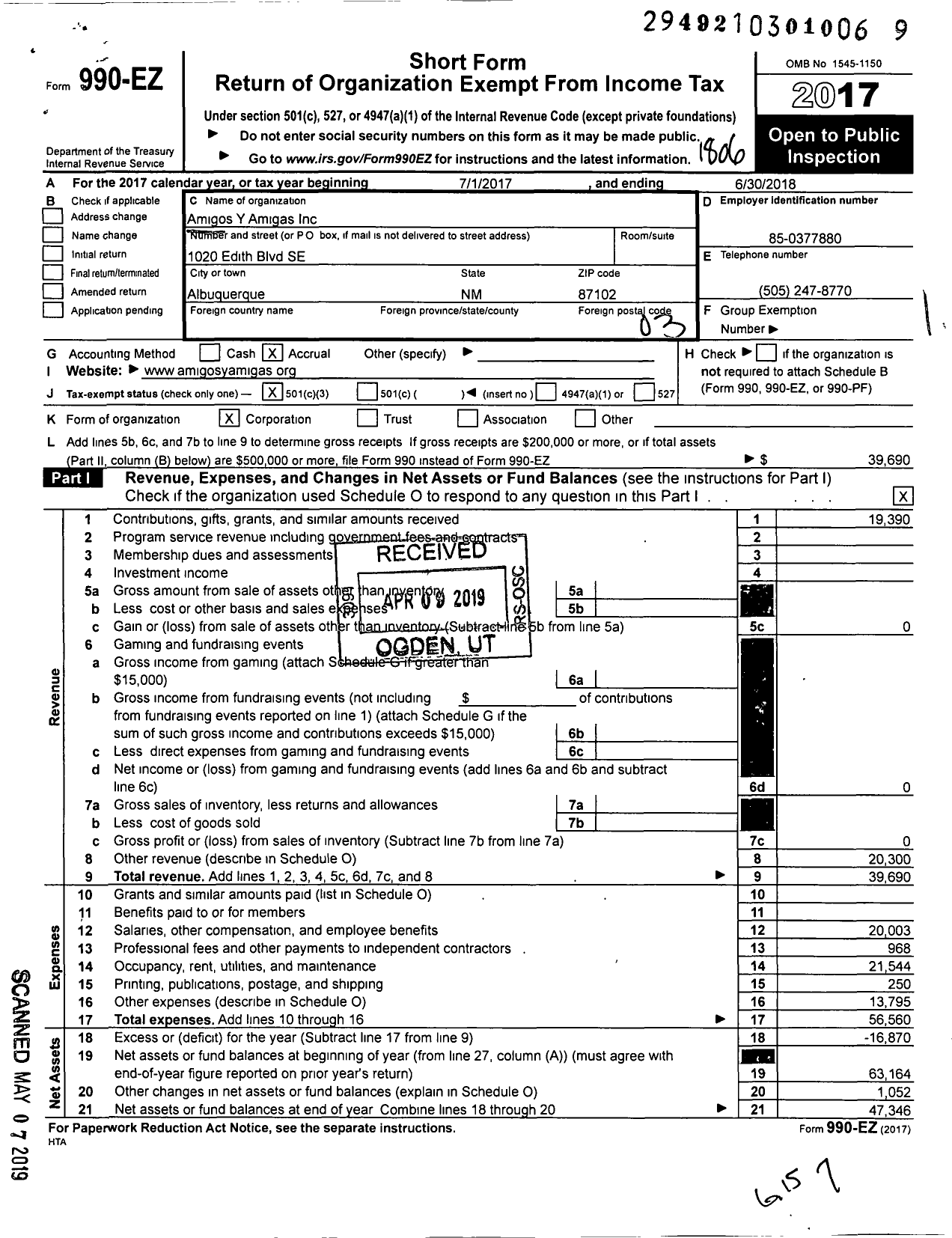 Image of first page of 2017 Form 990EZ for Amigos Y Amigas