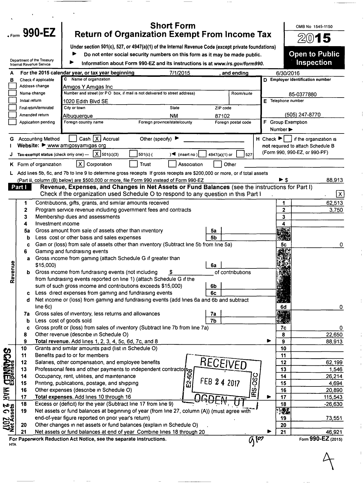 Image of first page of 2015 Form 990EZ for Amigos Y Amigas