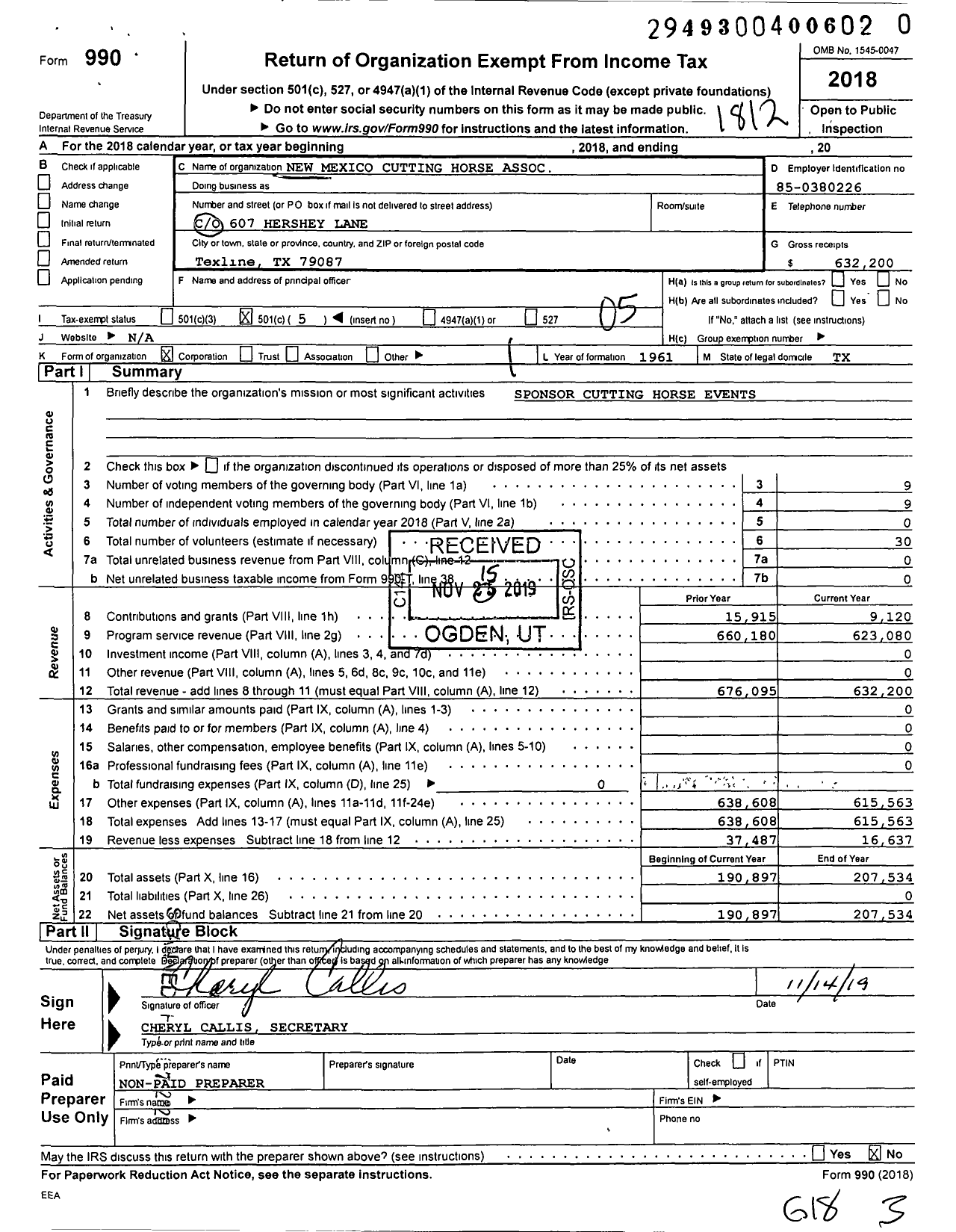 Image of first page of 2018 Form 990O for New Mexico Cutting HorseAssociation