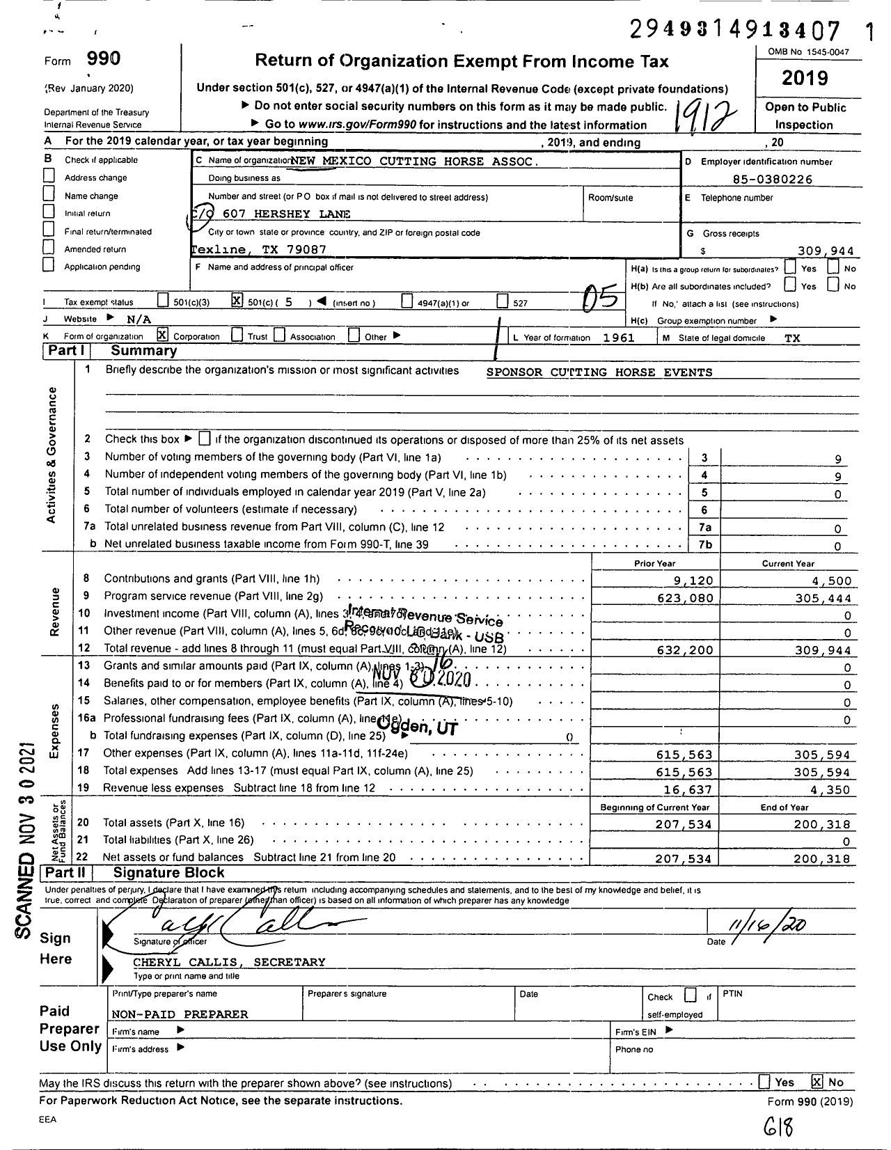 Image of first page of 2019 Form 990O for New Mexico Cutting HorseAssociation