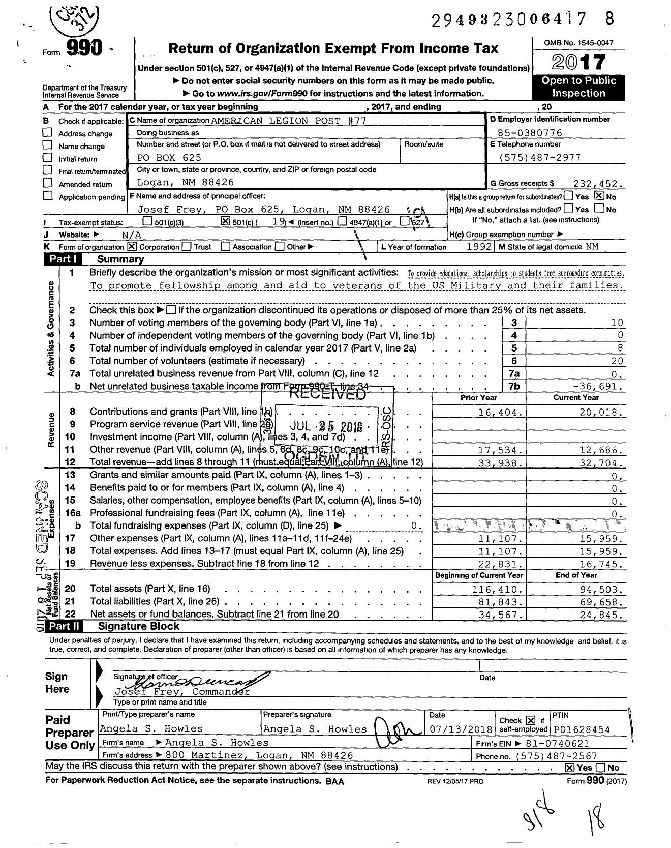 Image of first page of 2017 Form 990O for American Legion - 0077 Guadalupe Ramirez-