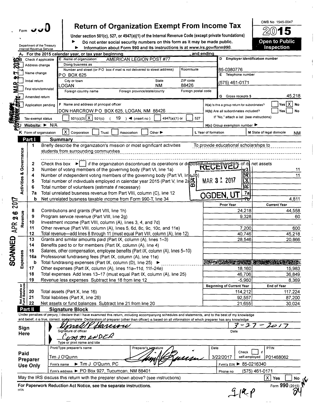 Image of first page of 2015 Form 990O for American Legion - 0077 Guadalupe Ramirez-