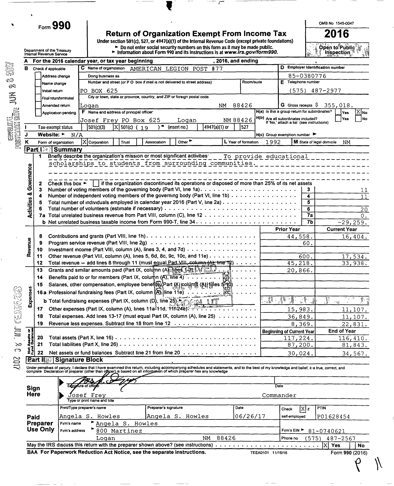 Image of first page of 2016 Form 990O for American Legion - 0077 Guadalupe Ramirez-