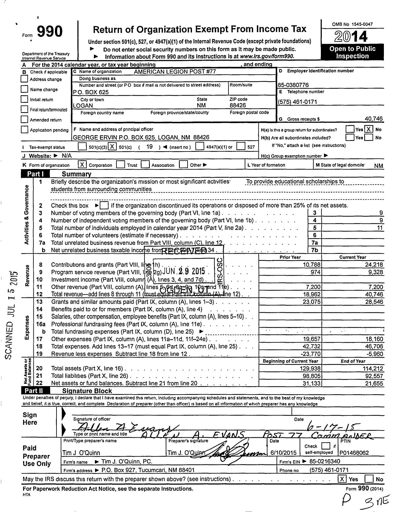 Image of first page of 2014 Form 990O for American Legion - 0077 Guadalupe Ramirez-