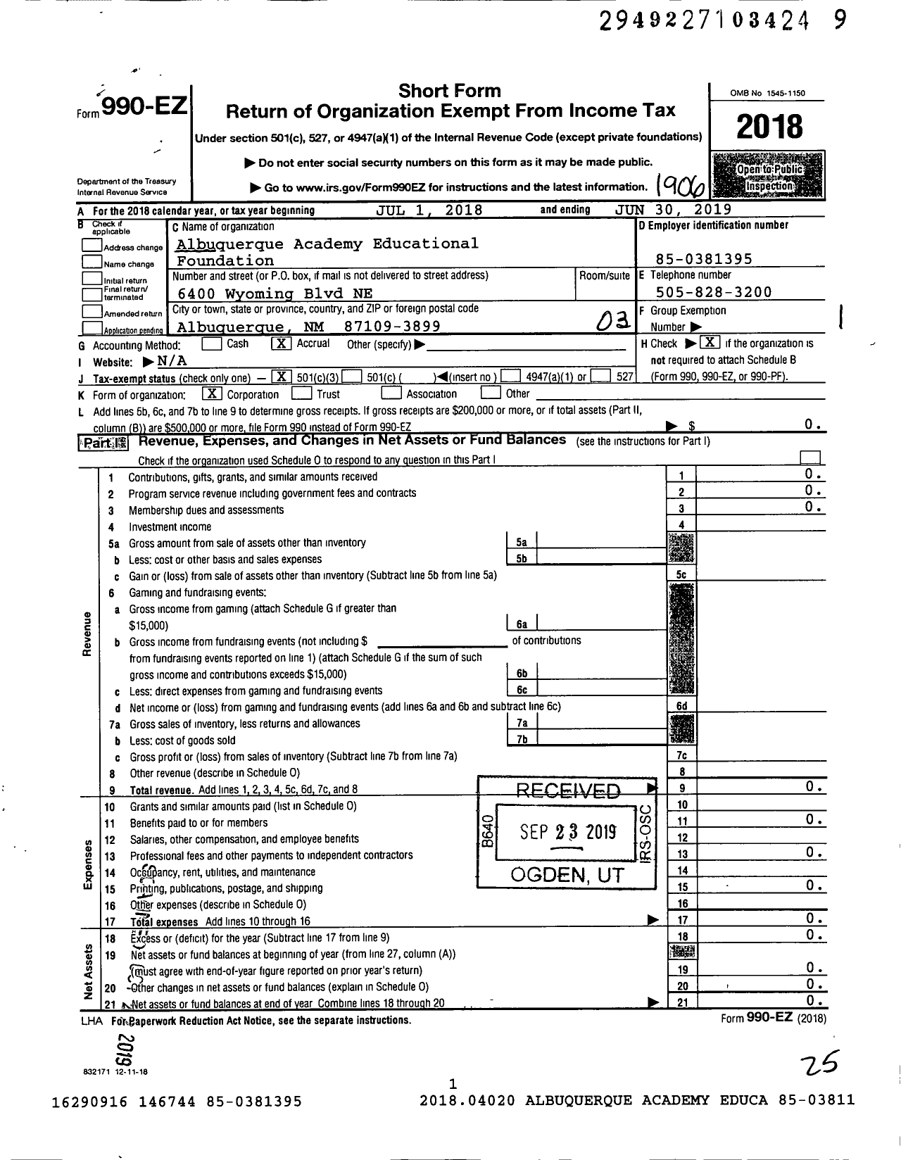 Image of first page of 2018 Form 990EZ for Albuquerque Academy Educational Foundation