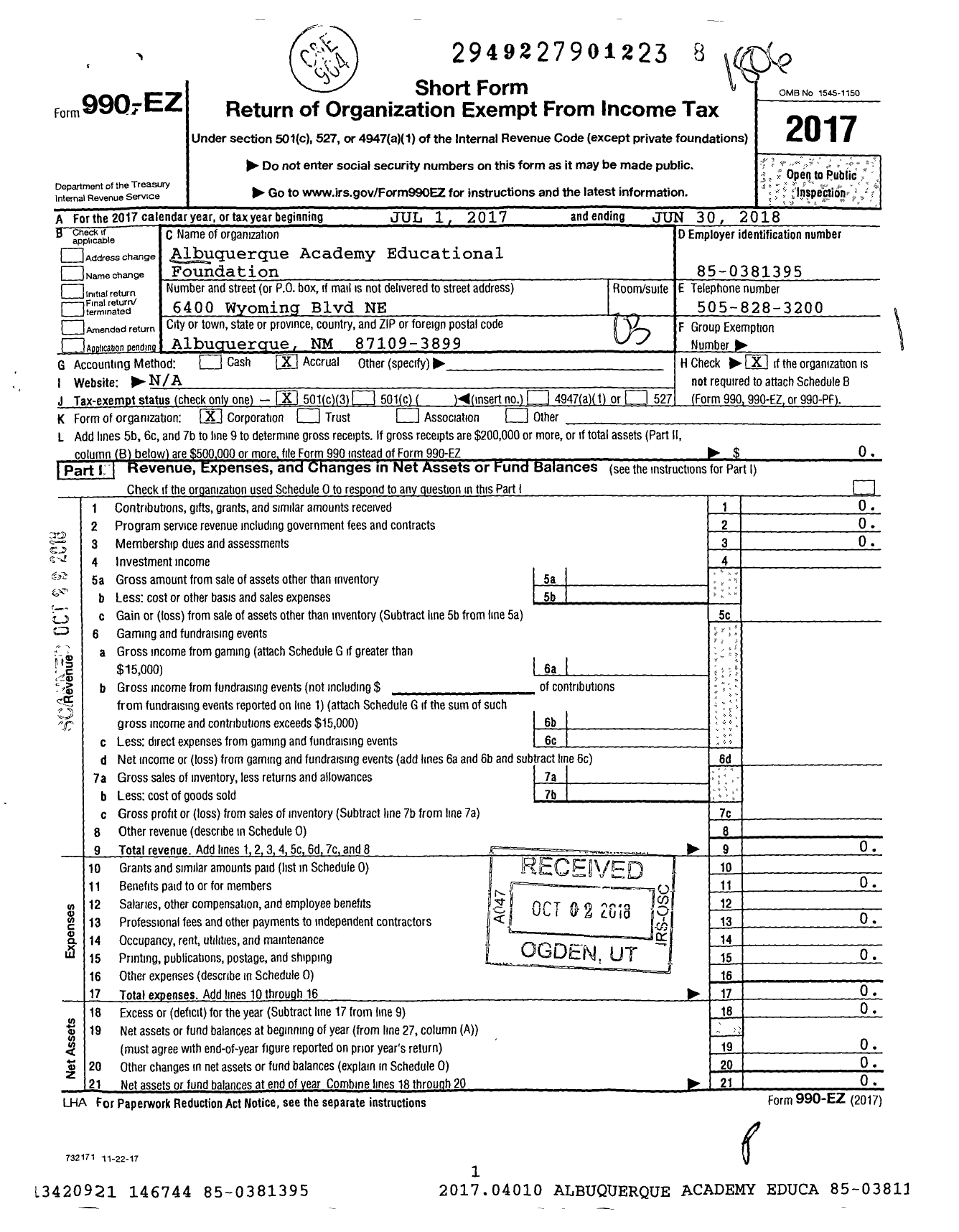 Image of first page of 2017 Form 990EZ for Albuquerque Academy Educational Foundation