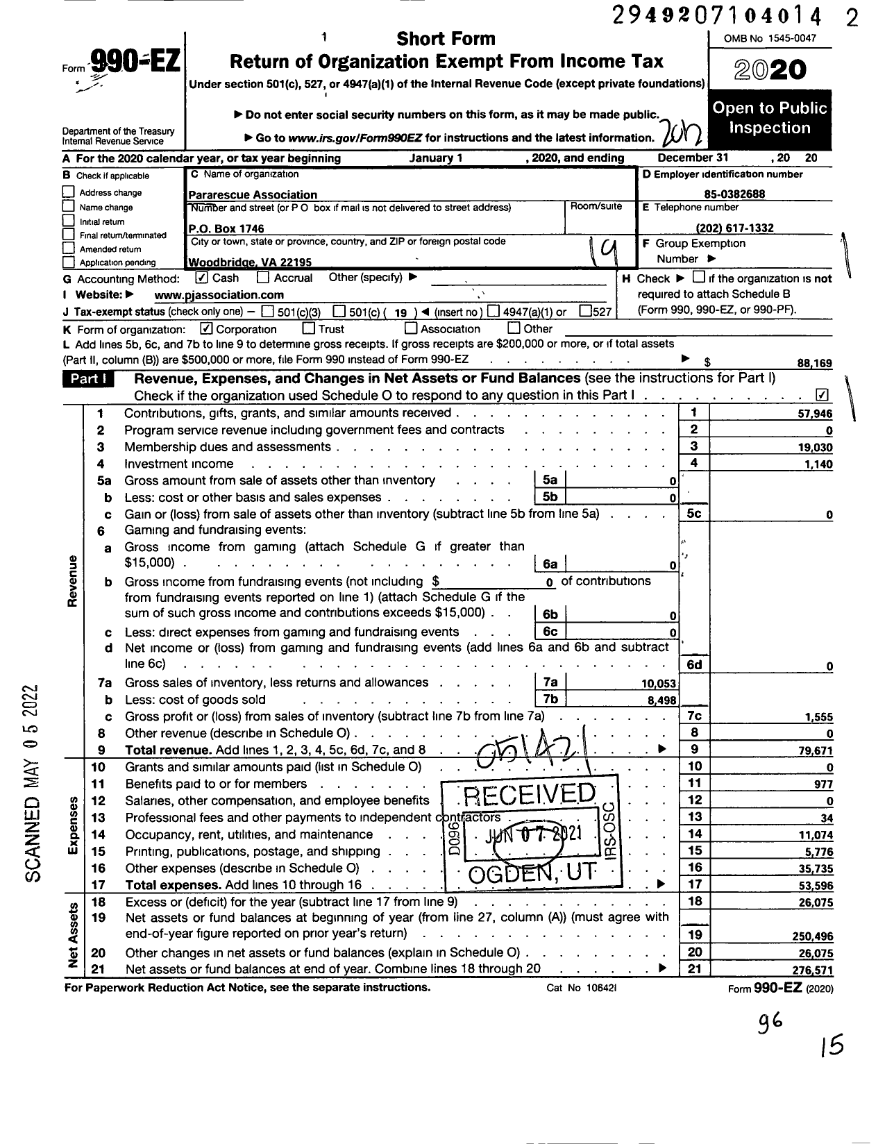 Image of first page of 2020 Form 990EO for Pararescue Association