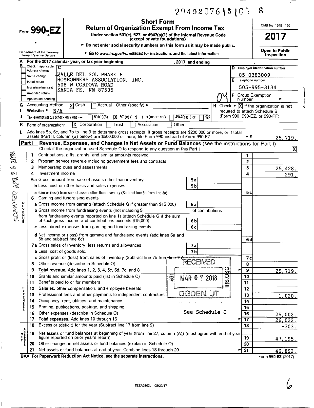 Image of first page of 2017 Form 990EO for Valle Del Sol Phase 6 Homeowners Association