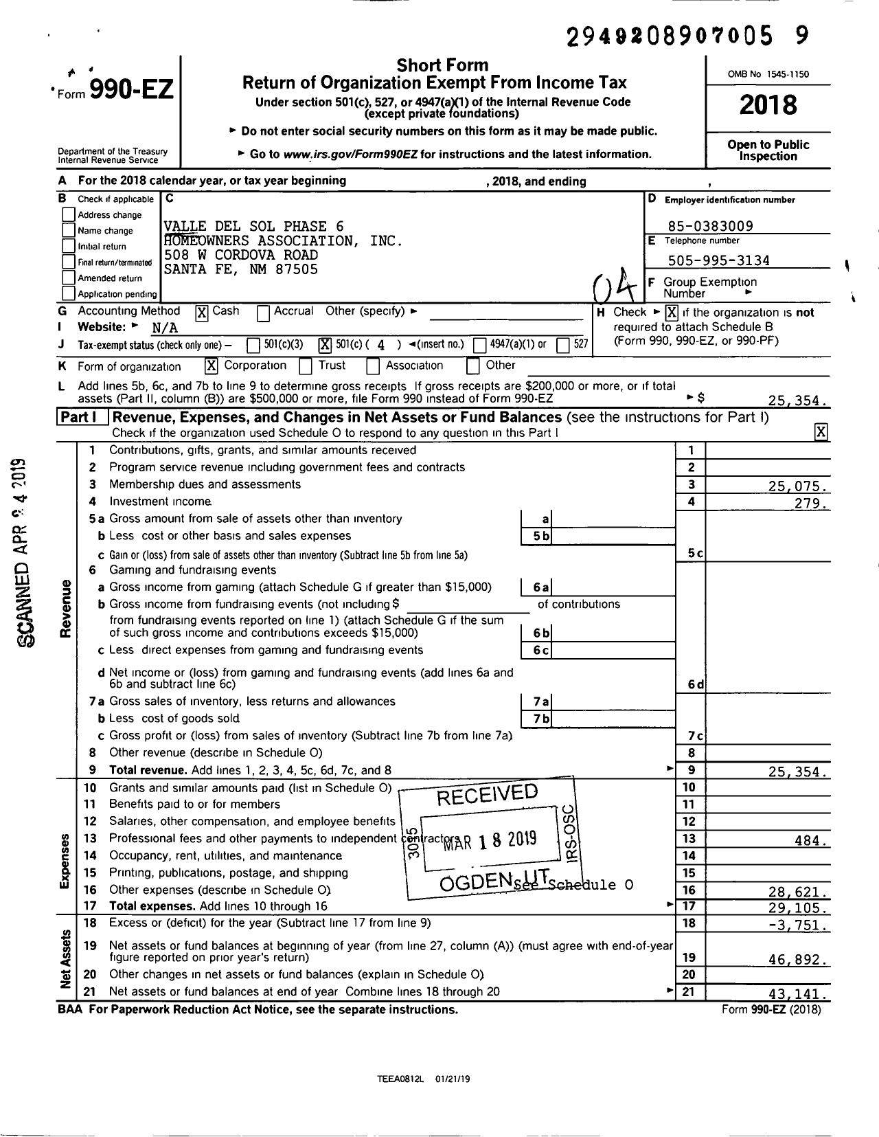 Image of first page of 2018 Form 990EO for Valle Del Sol Phase 6 Homeowners Association