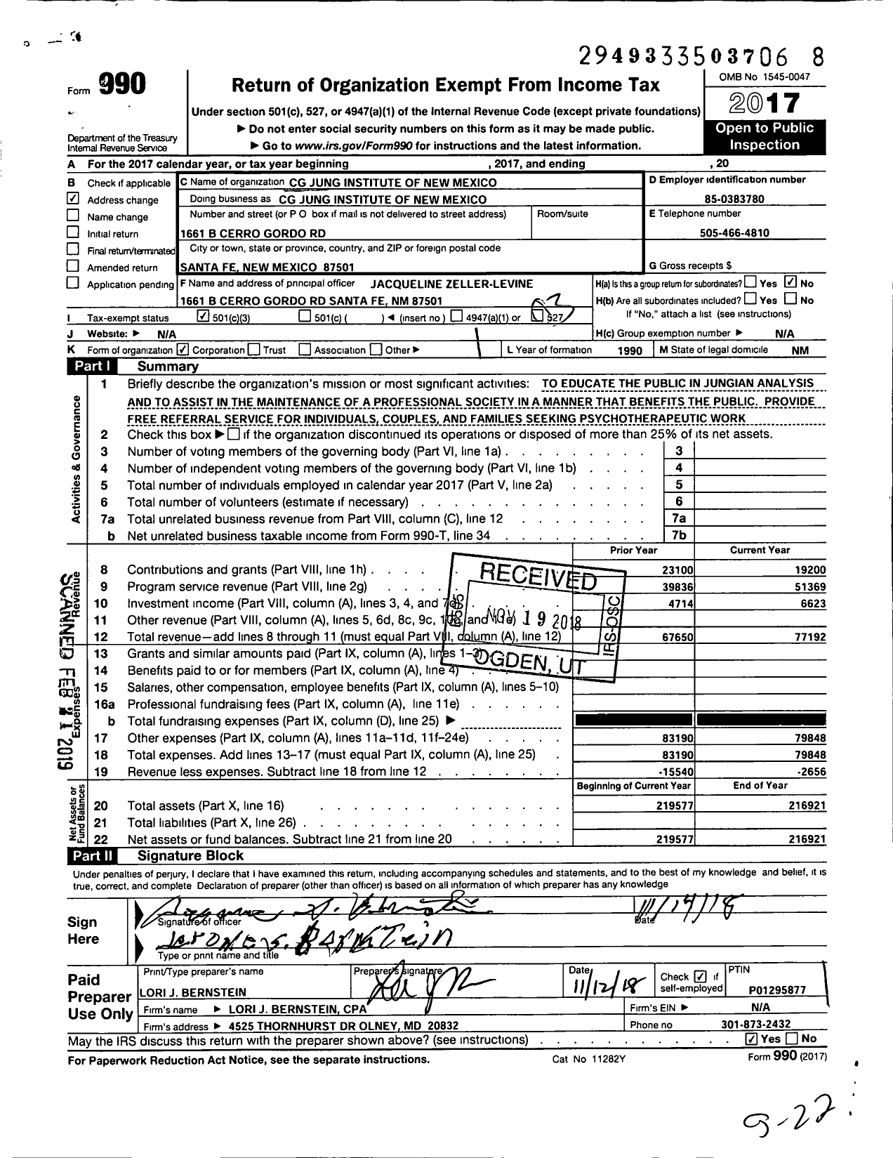 Image of first page of 2017 Form 990 for CG Jung Institute of New Mexico