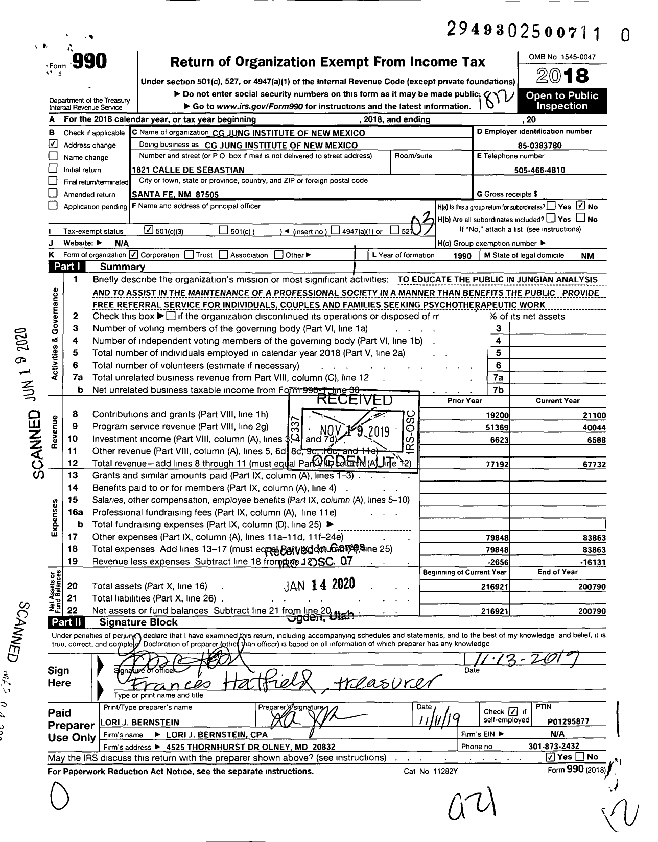 Image of first page of 2018 Form 990 for CG Jung Institute of New Mexico