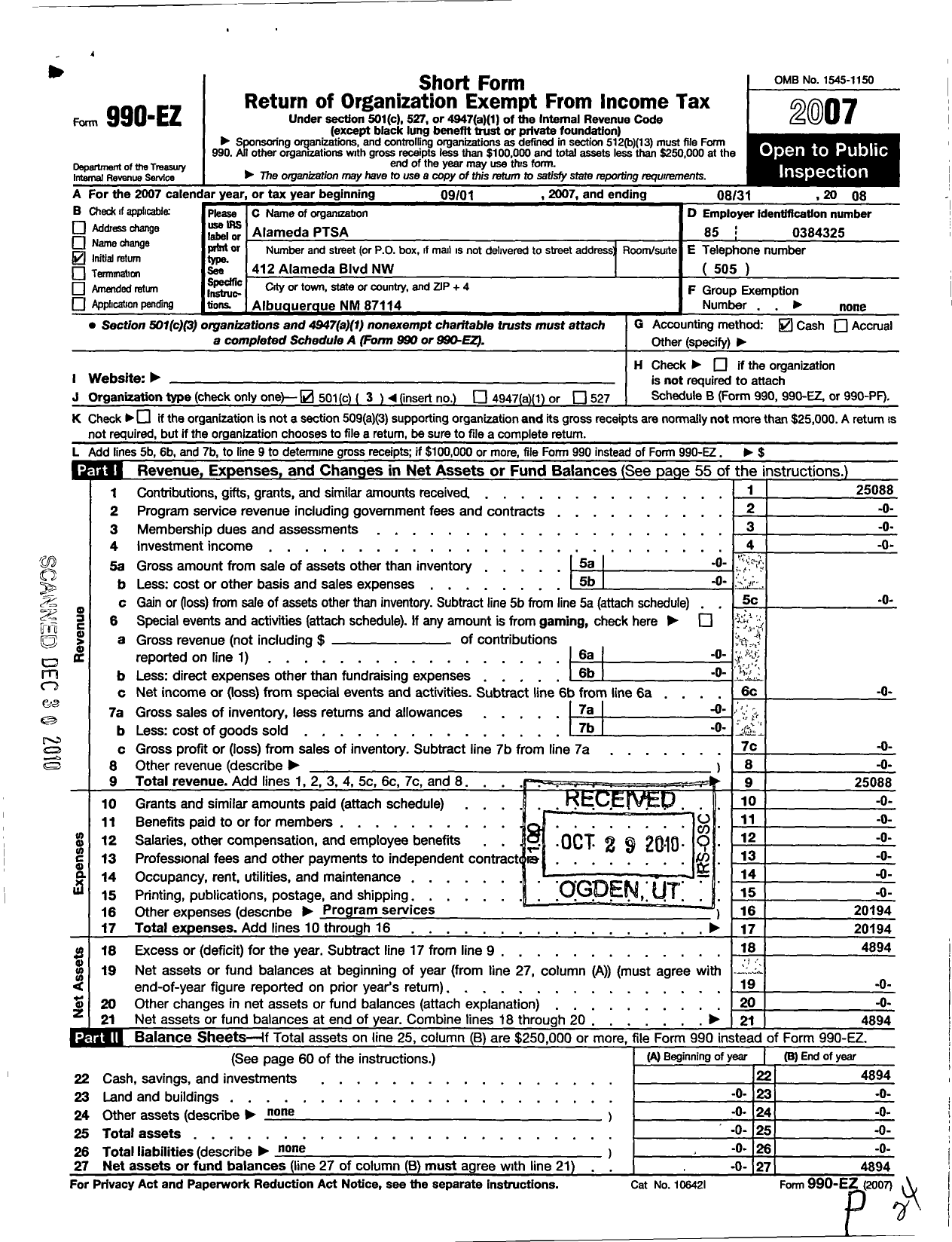 Image of first page of 2007 Form 990EZ for PTA New Mexico Congress / Alameda Elem PTA