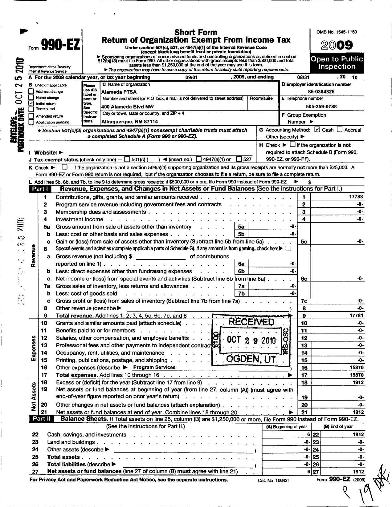 Image of first page of 2009 Form 990EO for PTA New Mexico Congress / Alameda Elem PTA