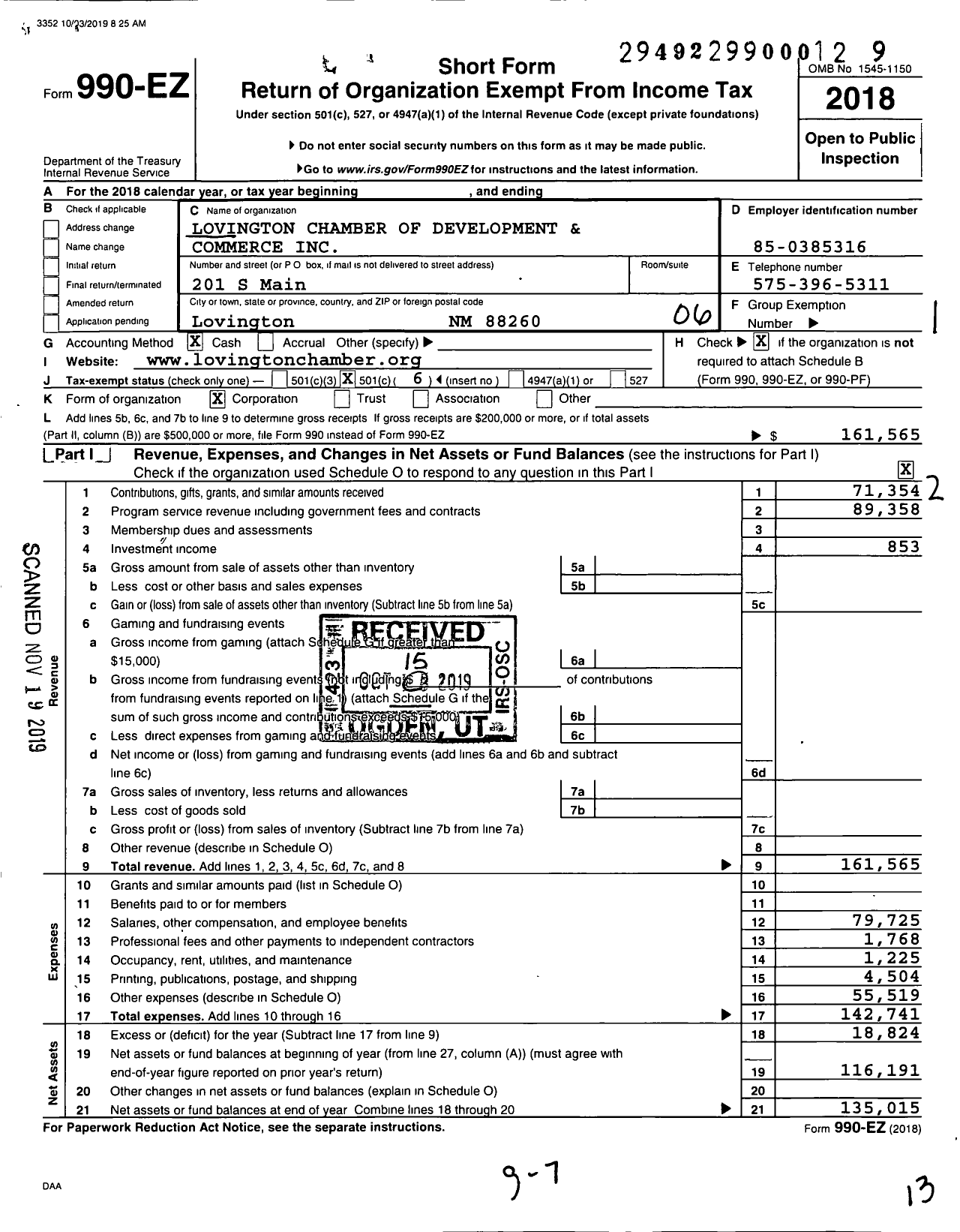 Image of first page of 2018 Form 990EO for Lovington Chamber of Development and Commerce