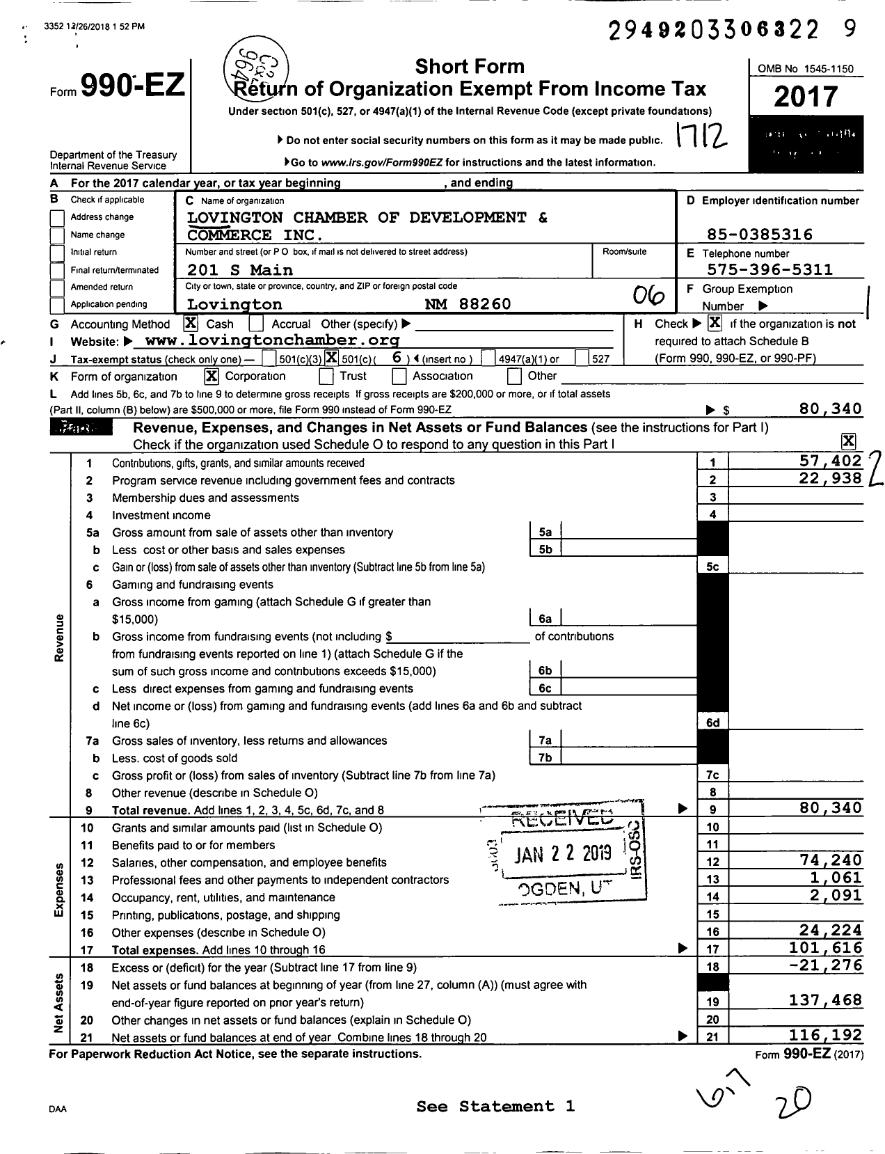 Image of first page of 2017 Form 990EO for Lovington Chamber of Development and Commerce