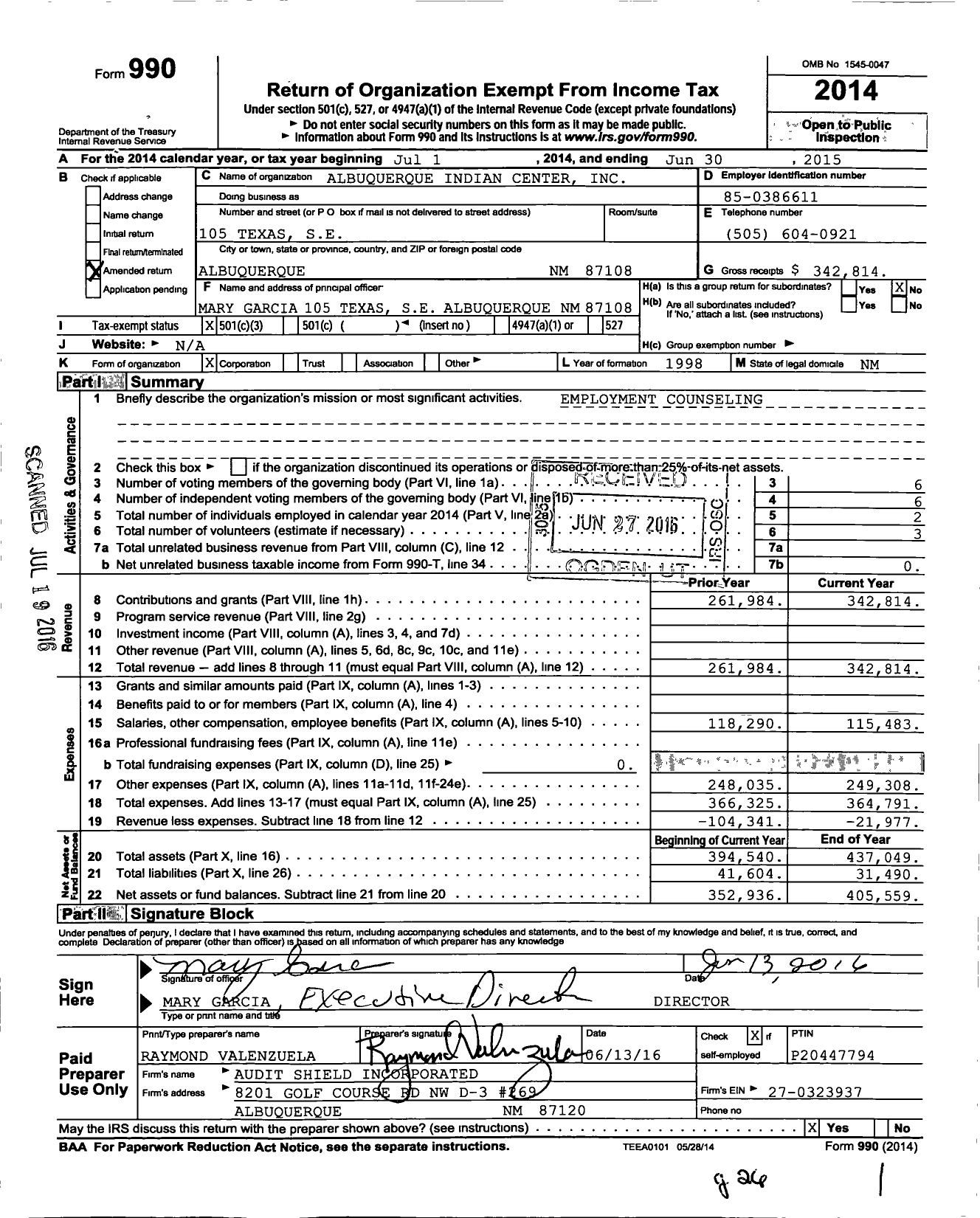 Image of first page of 2014 Form 990 for Albuquerque Indian Center